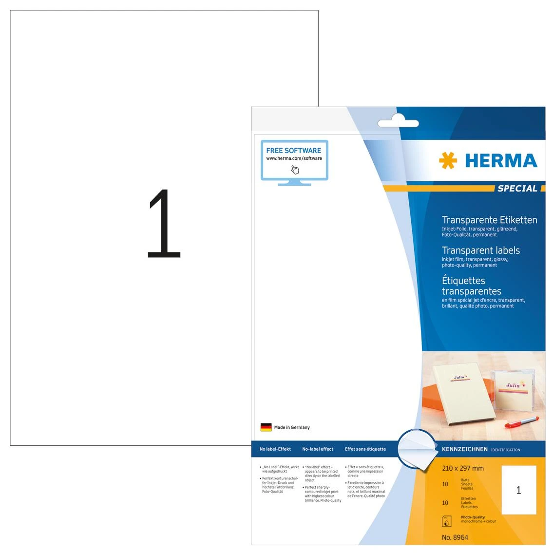 HERMA 8964 etiketė spausdinimui Permatomas Lipni spausdintuvo etiketė