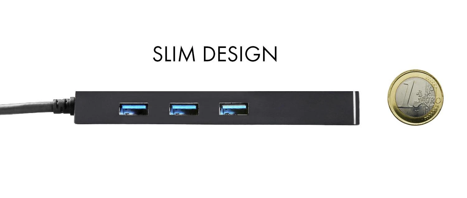 I-tec USB šakotuvas su trimis jungtimis ir monetos dydžio palyginimu