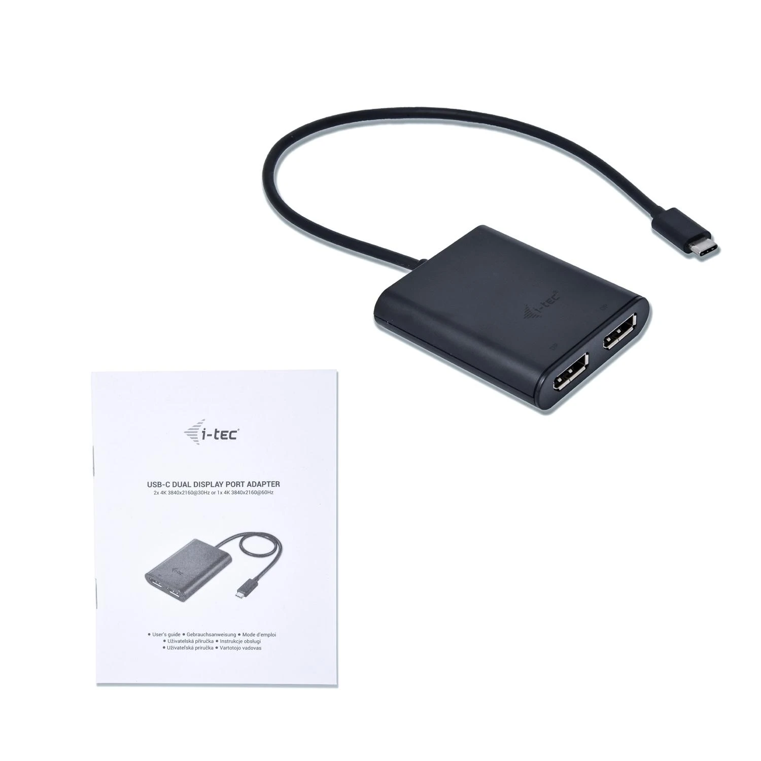 i-tec USB-C į dvigubą DisplayPort adapterį su instrukcija