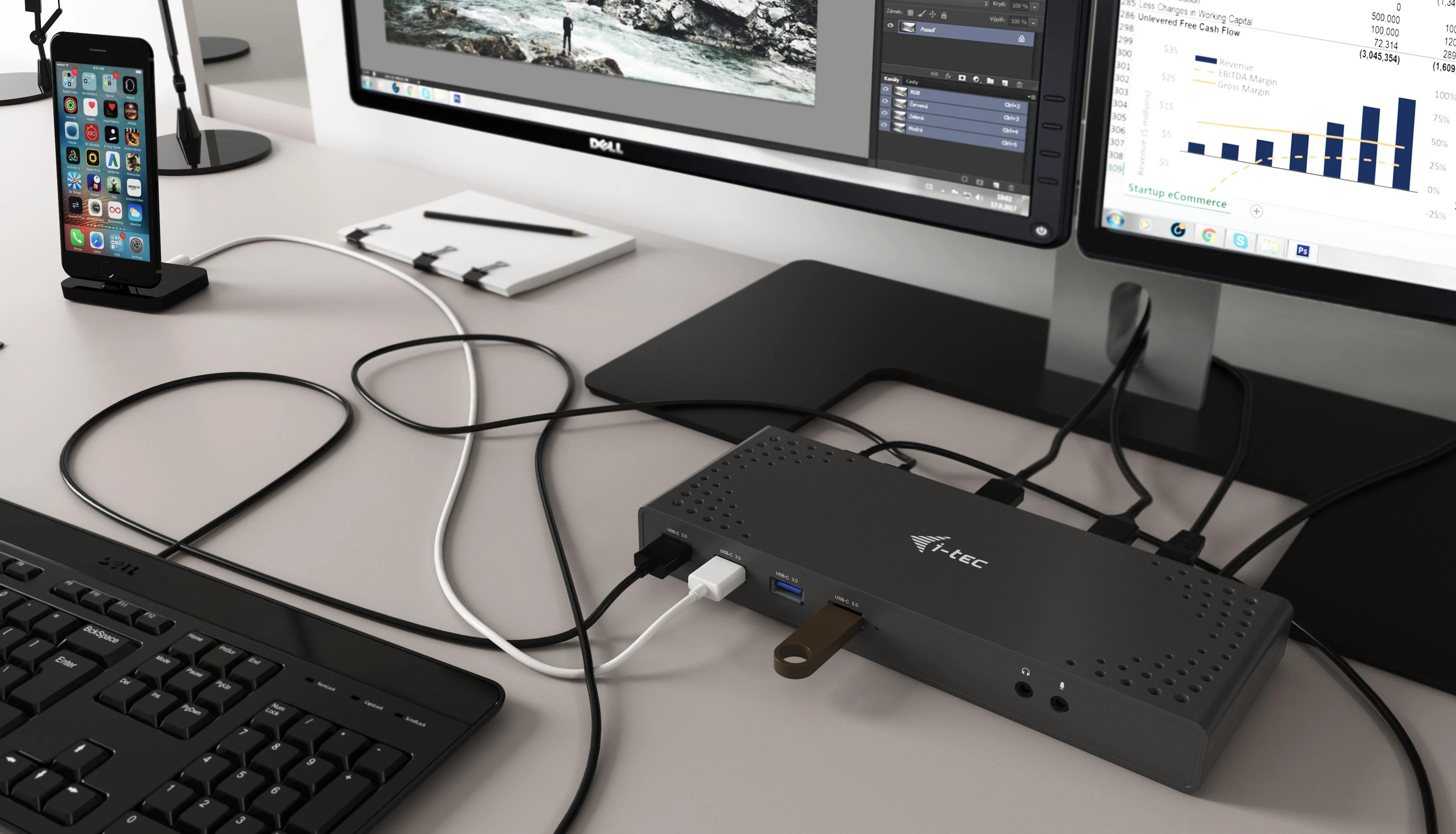 I-TEC USB 3.0 / USB-C Dualdock 1x 5K 2x 4K 60Hz 2x HDMI 2x DP 1x GLAN 6x USB 3.0 1x Audio / Mic Jack Kensington, suderinamas su TB 3