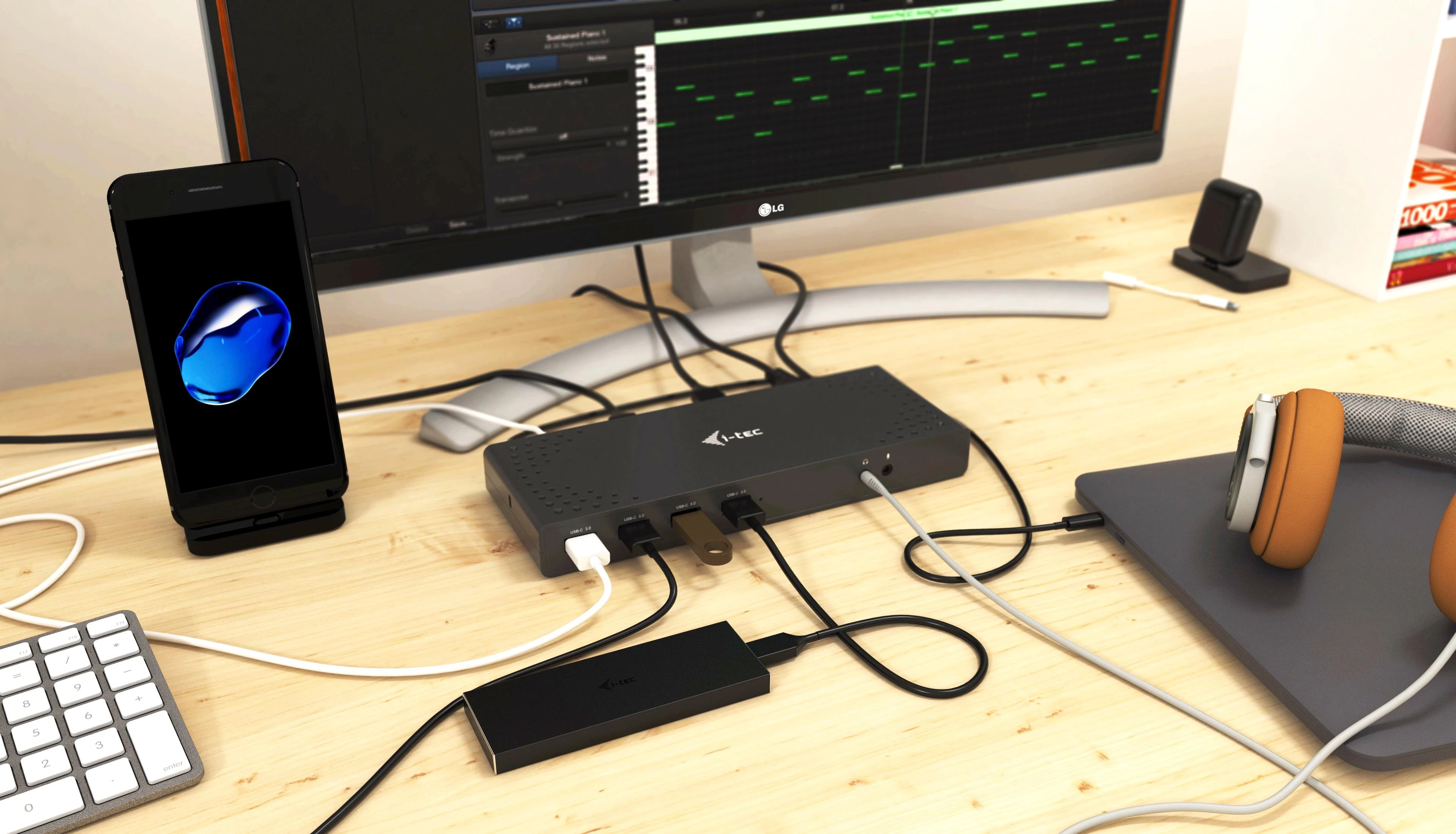 I-TEC USB 3.0 / USB-C Dualdock 1x 5K 2x 4K 60Hz 2x HDMI 2x DP 1x GLAN 6x USB 3.0 1x Audio / Mic Jack Kensington, suderinamas su TB 3