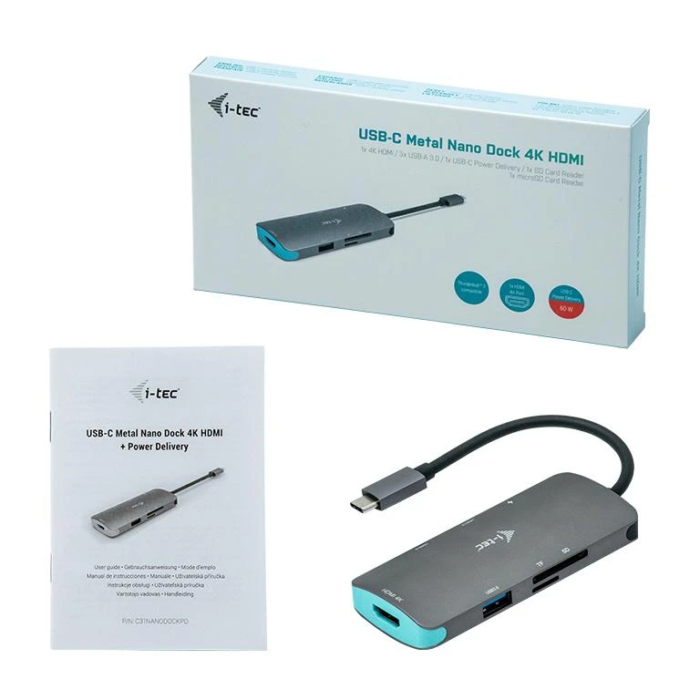 I-TEC USB C metalinis nano dokas 1xHDMI 4K 1xSD kortelių skaitytuvas 1xmicroSDCardreader 3xUSB 3.0 prievadas 1xUSB-C PD suderinamas su T