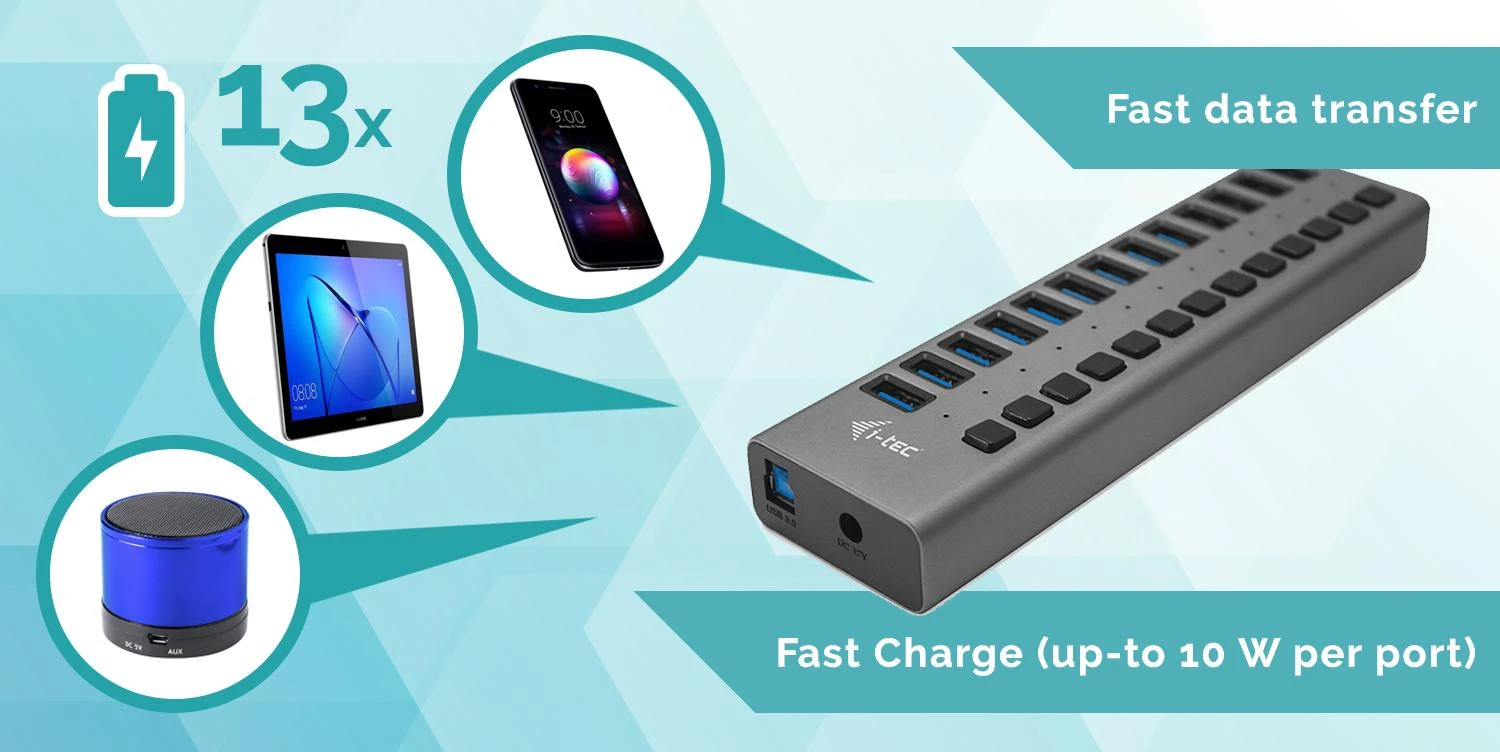 I-tec 13 prievadų USB šakotuvas su įrenginių sujungimo schema