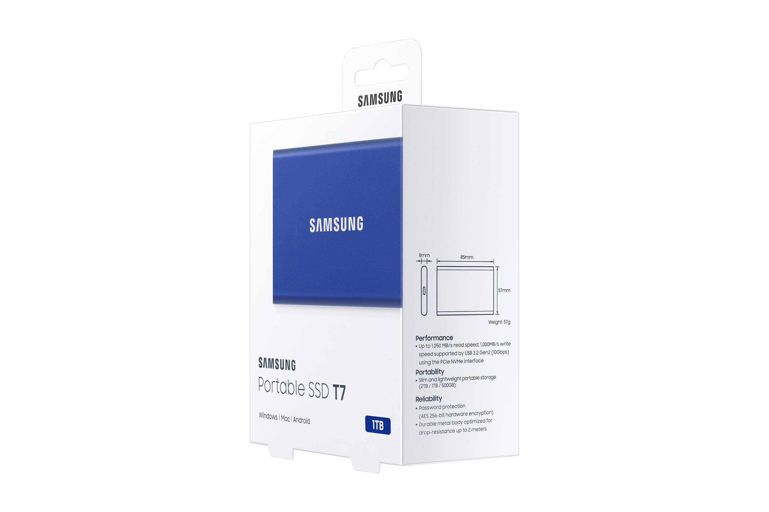 Išorinis kietasis diskas SSD SAMSUNG|T7/1TB/USB 3.2/Rašymo greitis 1000 MBytes/sec/Skaitymo greitis 1050 MBytes/sec/MU-PC1T0H/WW