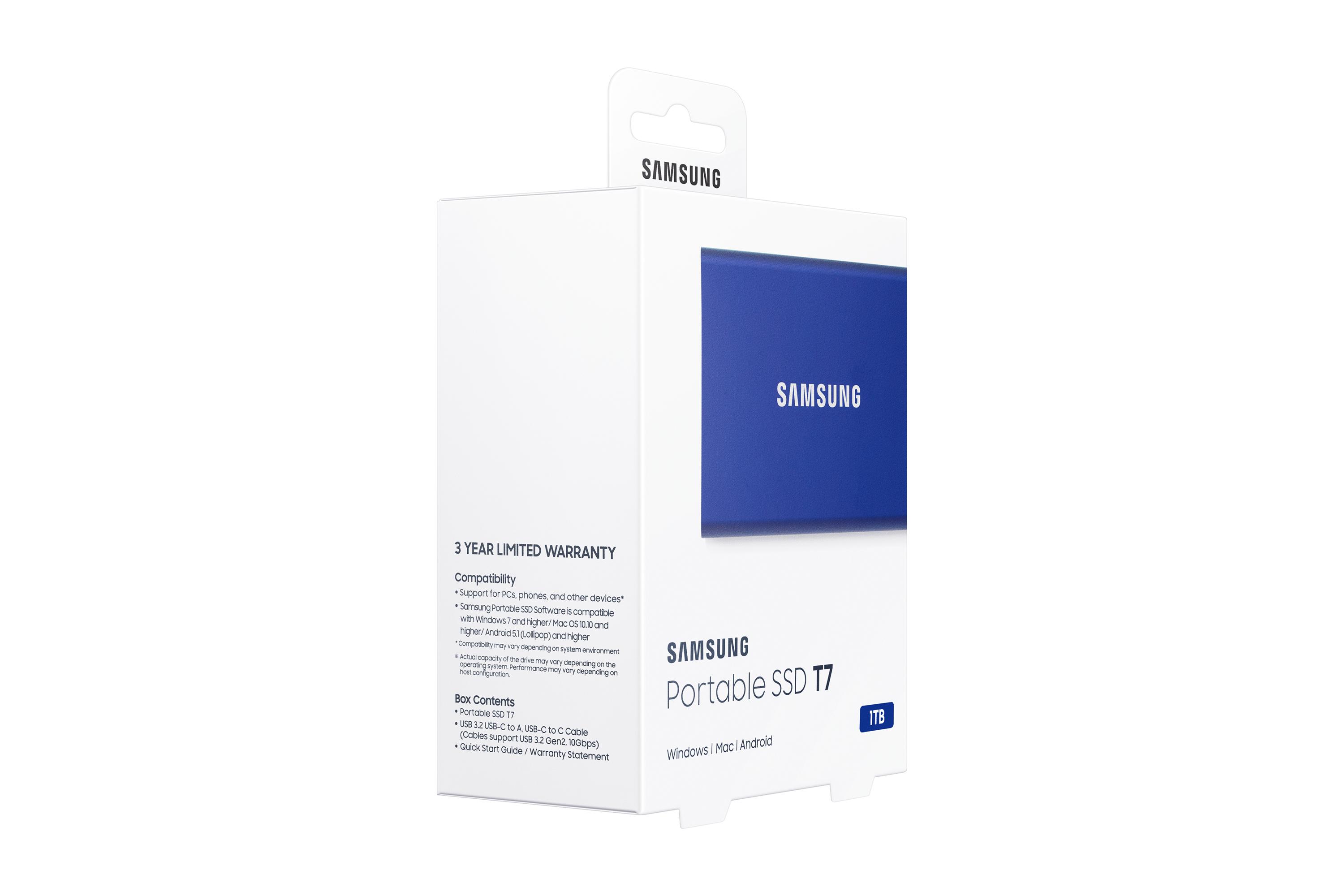 Išorinis kietasis diskas SSD SAMSUNG|T7/1TB/USB 3.2/Rašymo greitis 1000 MBytes/sec/Skaitymo greitis 1050 MBytes/sec/MU-PC1T0H/WW