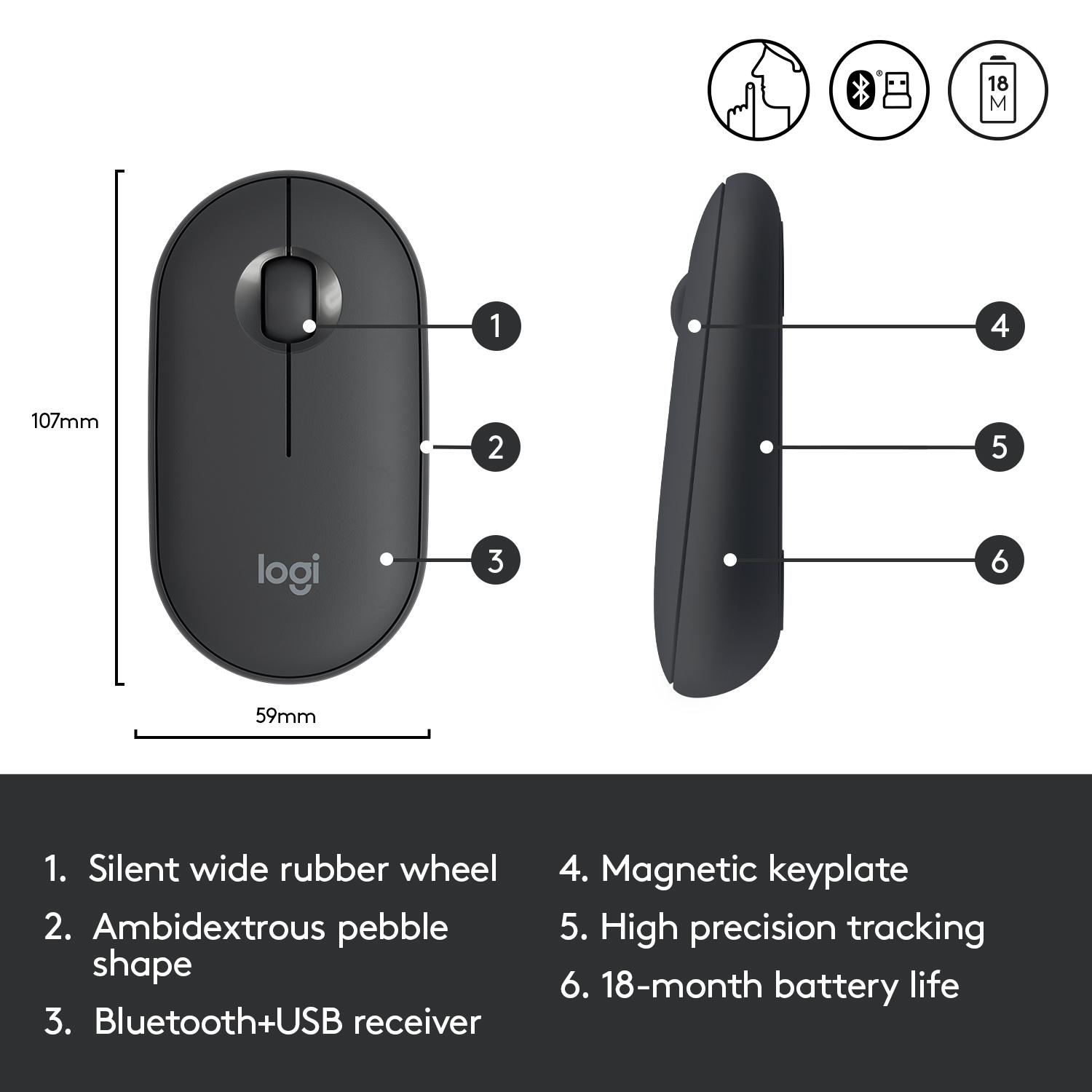 Minimalistinė moderni ir tyli belaidė pelė Logitech Pebble M350, Grafito spalvos