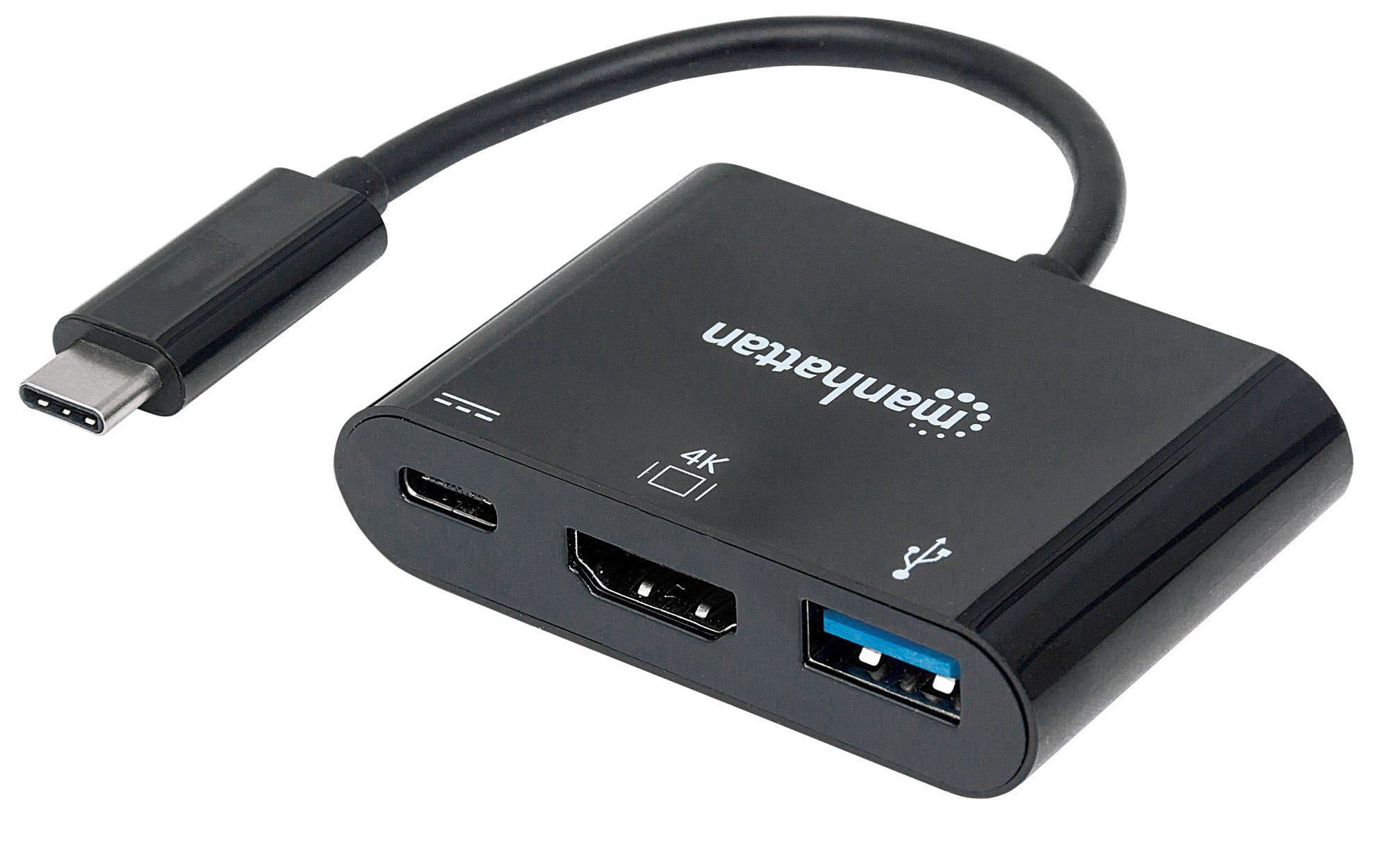 „Intracom“ MANHATTAN USB tipo C HDMI doko keitiklis USB 3.1 tipo C vyriškas į HDMI A tipo USB ir C tipo USB moteriškas kelių prievadų keitiklis
