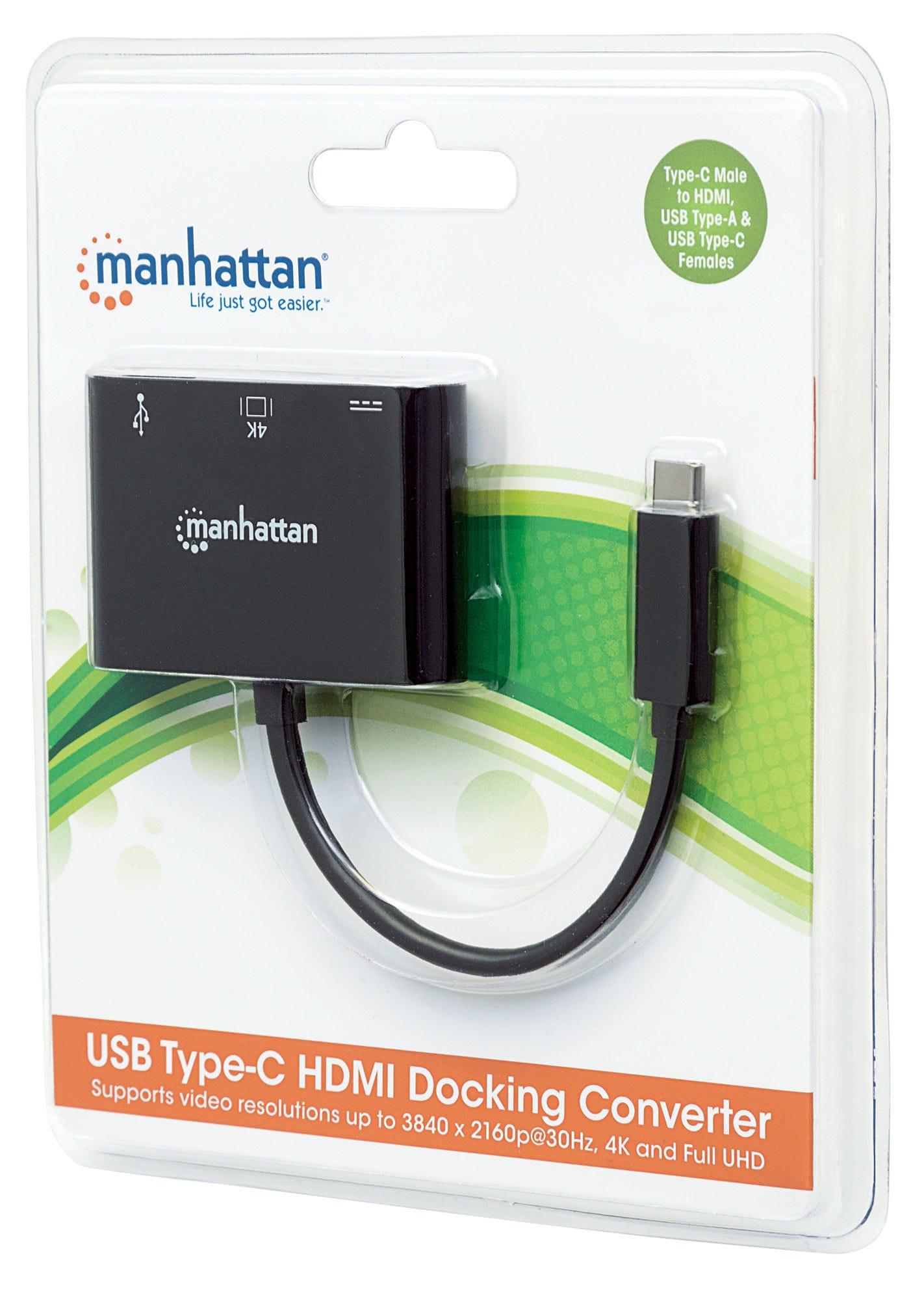 „Intracom“ MANHATTAN USB tipo C HDMI doko keitiklis USB 3.1 tipo C vyriškas į HDMI A tipo USB ir C tipo USB moteriškas kelių prievadų keitiklis