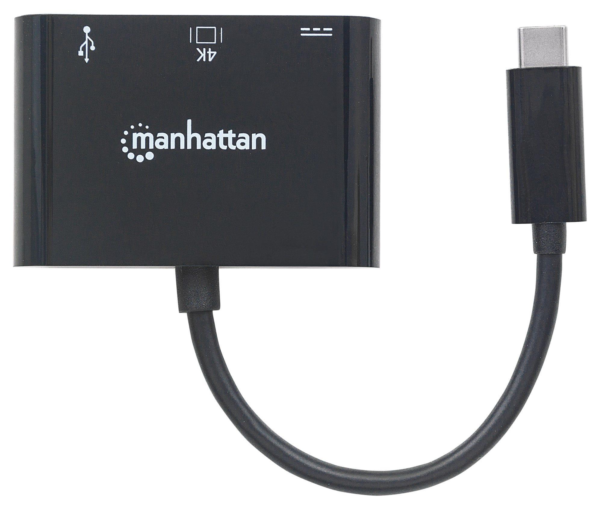 „Intracom“ MANHATTAN USB tipo C HDMI doko keitiklis USB 3.1 tipo C vyriškas į HDMI A tipo USB ir C tipo USB moteriškas kelių prievadų keitiklis