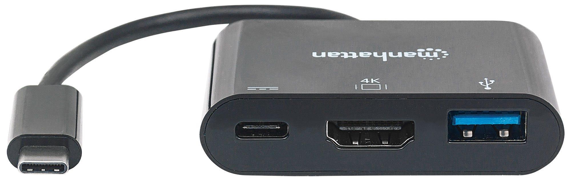„Intracom“ MANHATTAN USB tipo C HDMI doko keitiklis USB 3.1 tipo C vyriškas į HDMI A tipo USB ir C tipo USB moteriškas kelių prievadų keitiklis