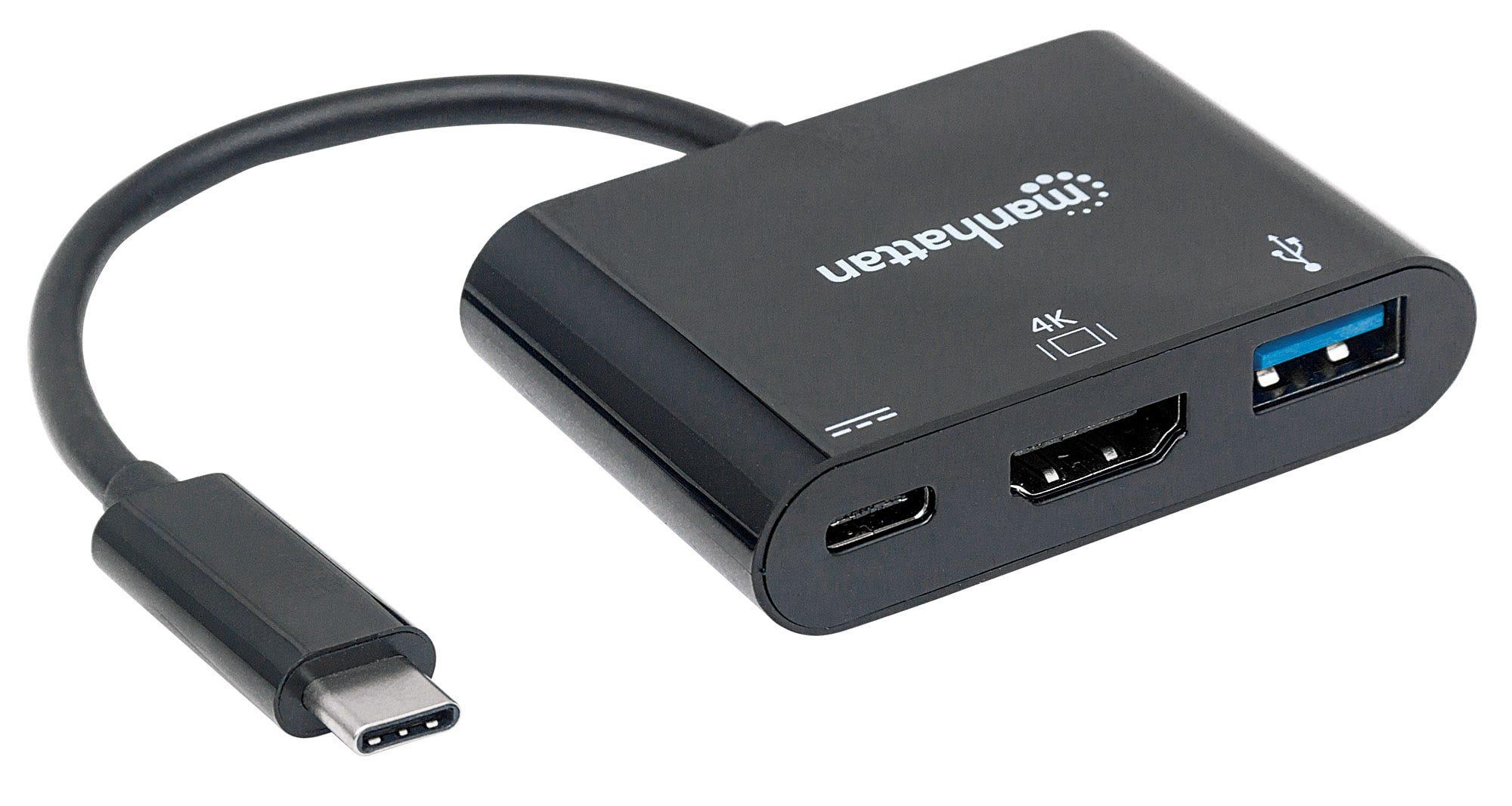 „Intracom“ MANHATTAN USB tipo C HDMI doko keitiklis USB 3.1 tipo C vyriškas į HDMI A tipo USB ir C tipo USB moteriškas kelių prievadų keitiklis