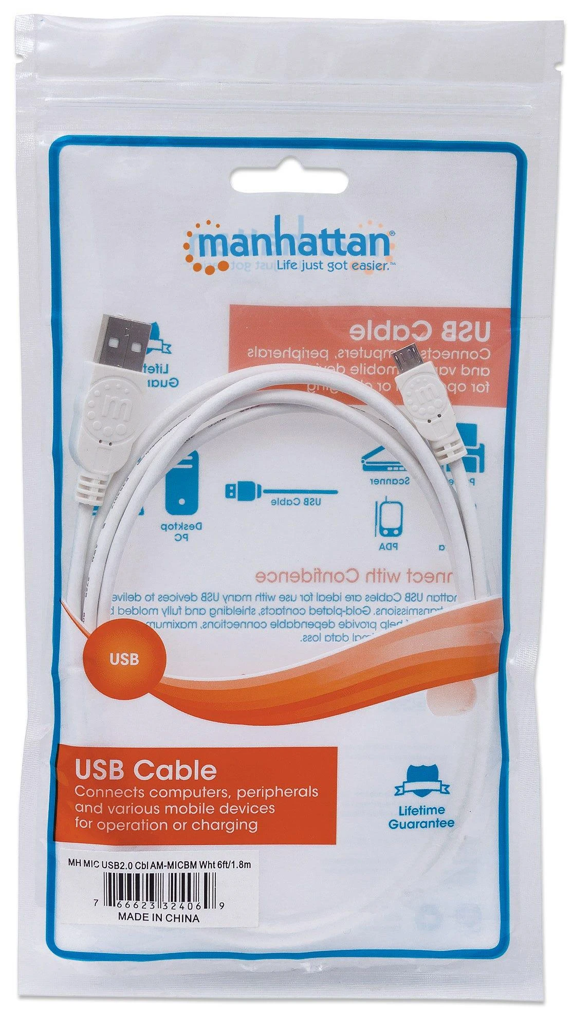 Manhattan 324069 USB kabelis 1,8 m 2.0 USB A Micro-USB B Balta