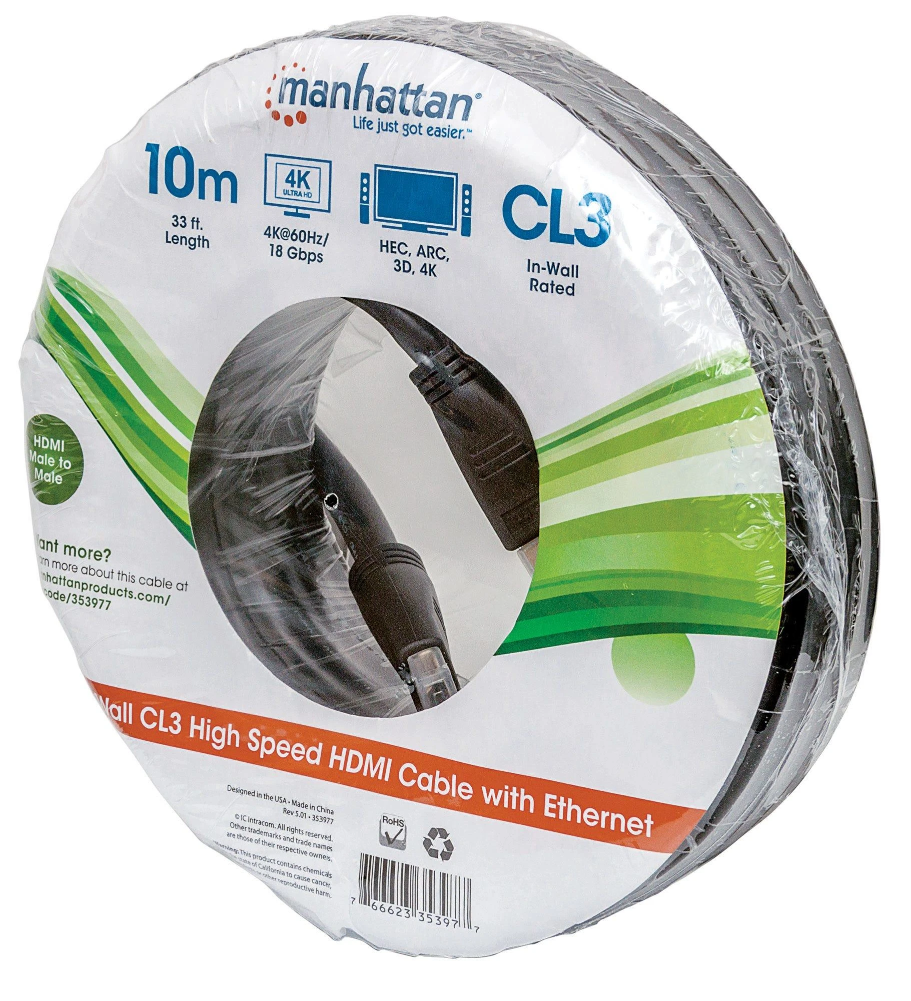MANHATTAN CL3 didelės spartos HDMI kabelis 10m su eterneto vidinės sienelės vardiniu HDMI kištuku į kištuku ekranuotas Juodas