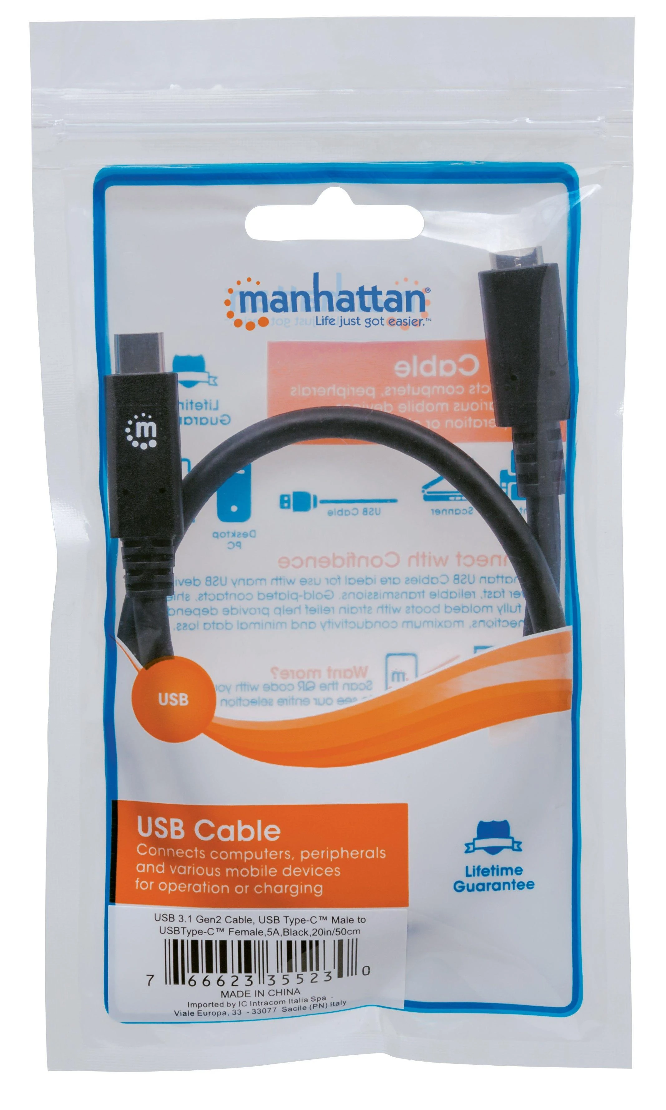 Intracom MANHATTAN SuperSpeed+ USB-C ilgintuvas 0,5 m USB 3.1 Gen 2 Type-C Vyriškas ir Type-C Moteriškas 10 Gbps 5 A 50 cm 1,5 pėdos Juodas