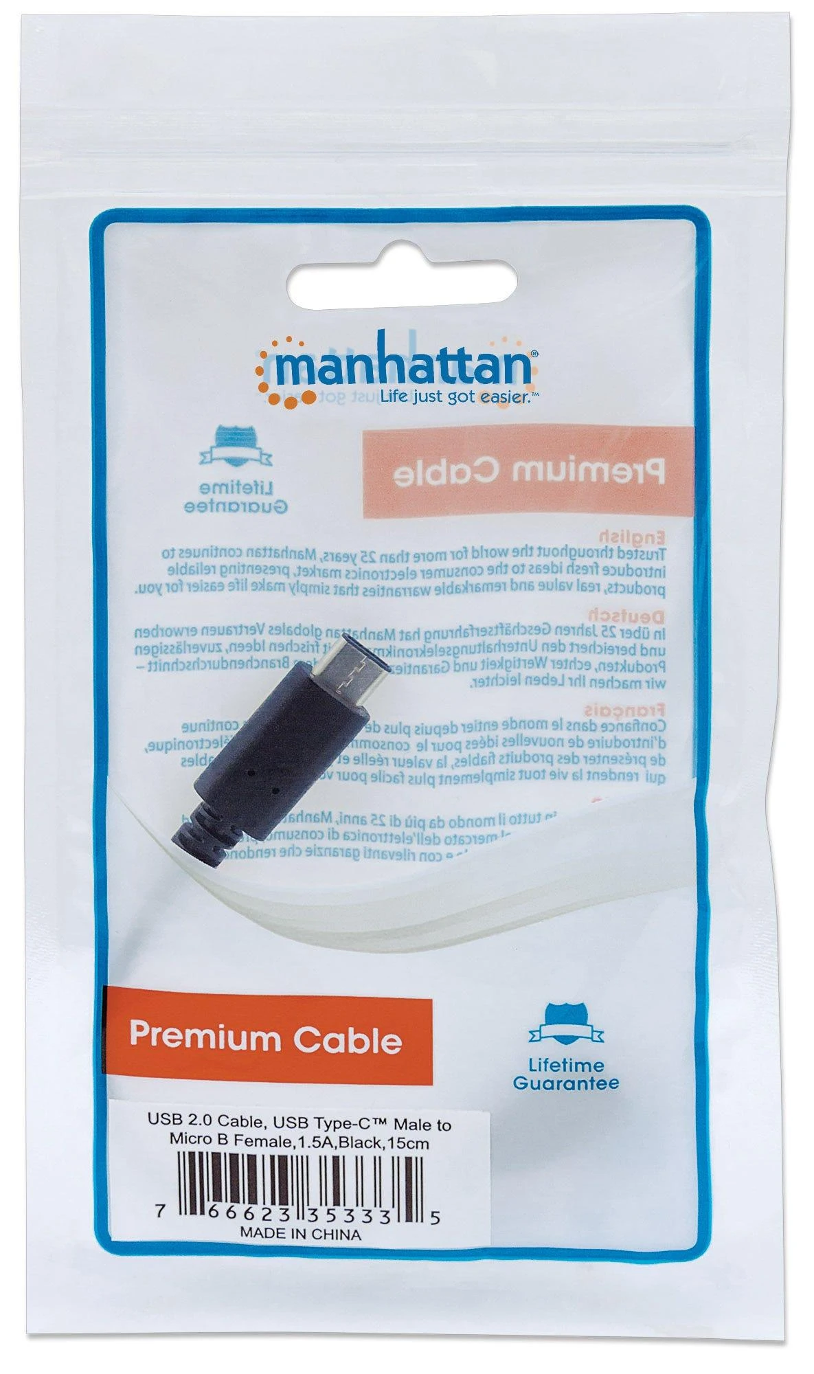 Intracom MANHATTAN didelės spartos USB-C kabelis 0,15 m C vyriškas / Micro-B moteriškas 6 colių. juodas