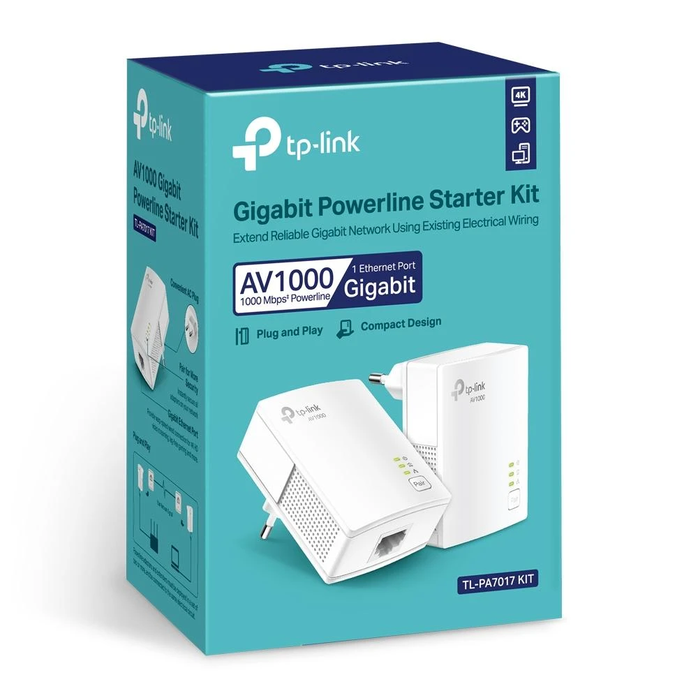 TP-LINK | Gigabit Powerline Starter Kit | TL-PA7017 RINKINYS | 10/100/1000 Mbit/s | Ethernet LAN (RJ-45) jungtys 1 | Nėra „Wi-Fi“ | Duomenų perdavimo sparta (maks.) 1000 Mbit/s | Papildomas lizdas