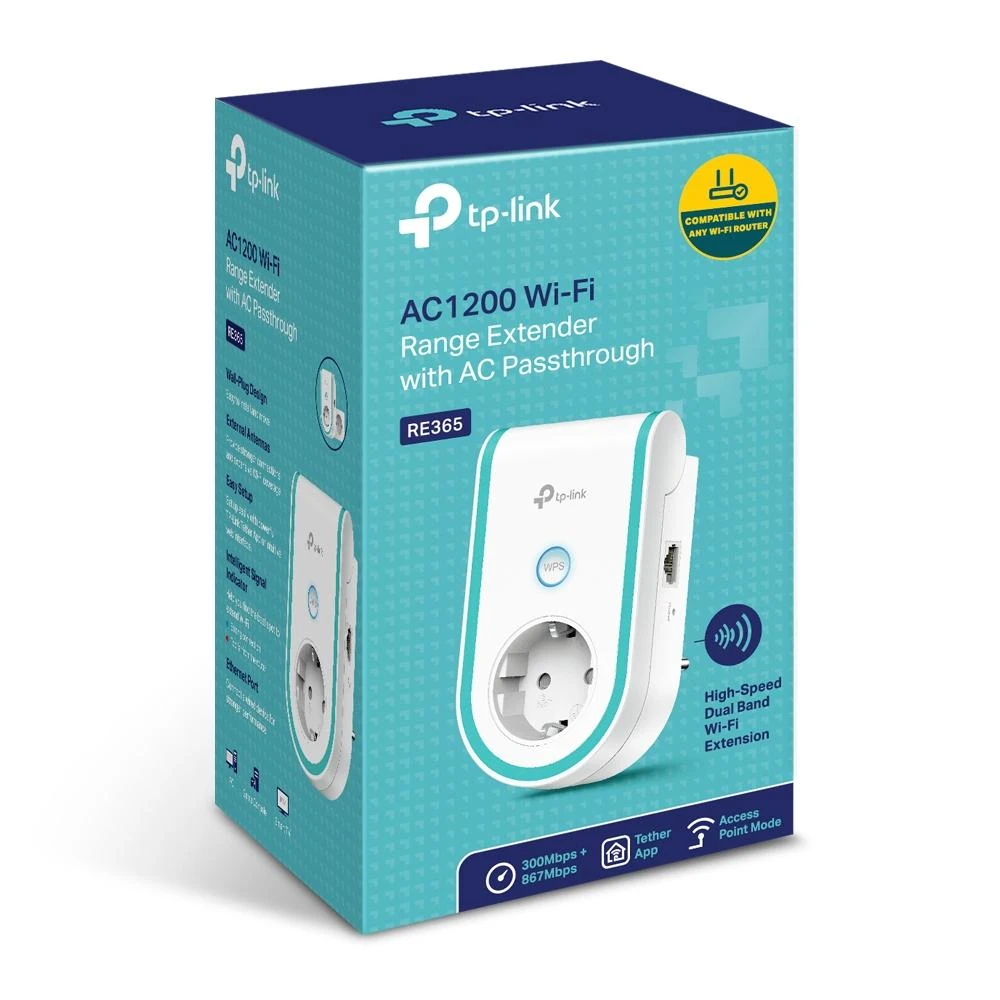 TP-LINK | Ilgintuvas | RE365 | 802.11ac | 2.4GHz/5GHz | 300+867 Mbit/s | 10/100 Mbit/s | Ethernet LAN (RJ-45) jungtys: 1 | MU-MiMO: Ne | ne PoE | Antenos tipas: 2 išorinės