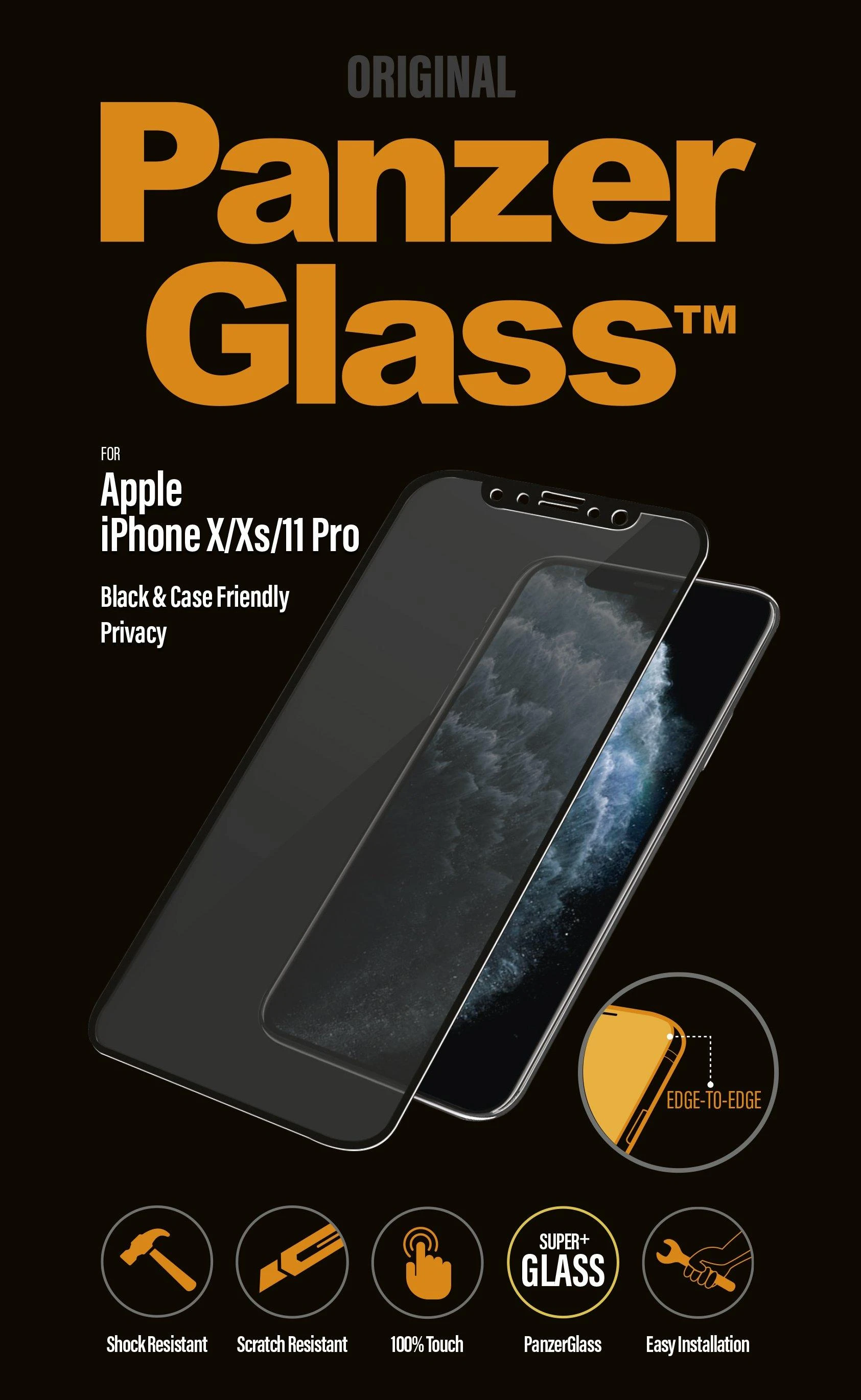 Panzer Glass PanzerGlass | P2666 | Ekrano apsauga | Apple | iPhone X/Xs/11 Pro | Grūdintas stiklas | Juodas | Konfidencialumo filtras; Viso kadro aprėptis; Nedūžtančios filmas (sulaiko stiklą ir apsaugo nuo stiklo šukių dūžtant); Tinkamas dėklui – suderinamas su visais dėklais; Anti-glare danga (sumažina šviesos atspindį); Mėlyna šviesos mažinimas; Lengvas montavimas su pilnais klijais; Oleofobinis sluoksnis (antibakterinis + antipirštų atspaudas); 100% prisilietimo išsaugojimas; Išlaiko visas telefono funkcijas