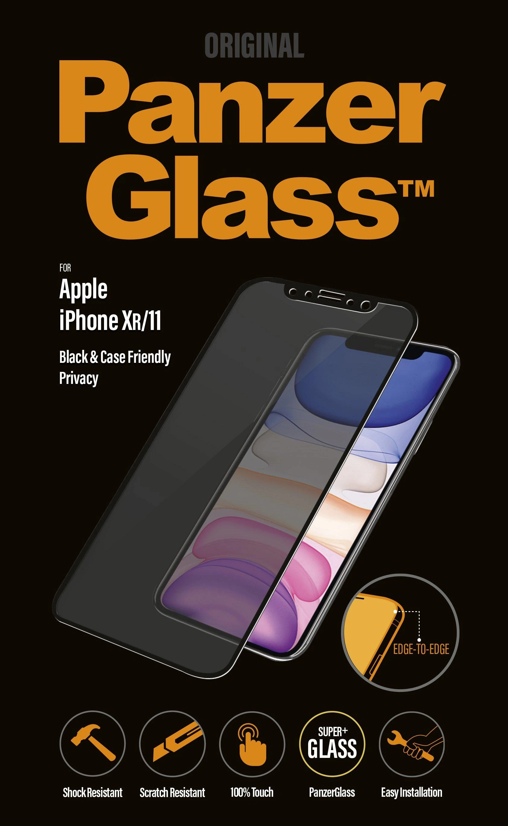 Panzer Glass PanzerGlass | P2665 | Ekrano apsauga | Apple | iPhone Xr/11 | Grūdintas stiklas | Juodas | Konfidencialumo filtras; Viso kadro aprėptis; Nedūžtančios filmas (sulaiko stiklą ir apsaugo nuo stiklo šukių dūžtant); Tinkamas dėklui – suderinamas su visais dėklais; Anti-glare danga (sumažina šviesos atspindį); Mėlyna šviesos mažinimas; Lengvas montavimas su pilnais klijais; Oleofobinis sluoksnis (antibakterinis + antipirštų atspaudas); 100% prisilietimo išsaugojimas; Išlaiko visas telefono funkcijas