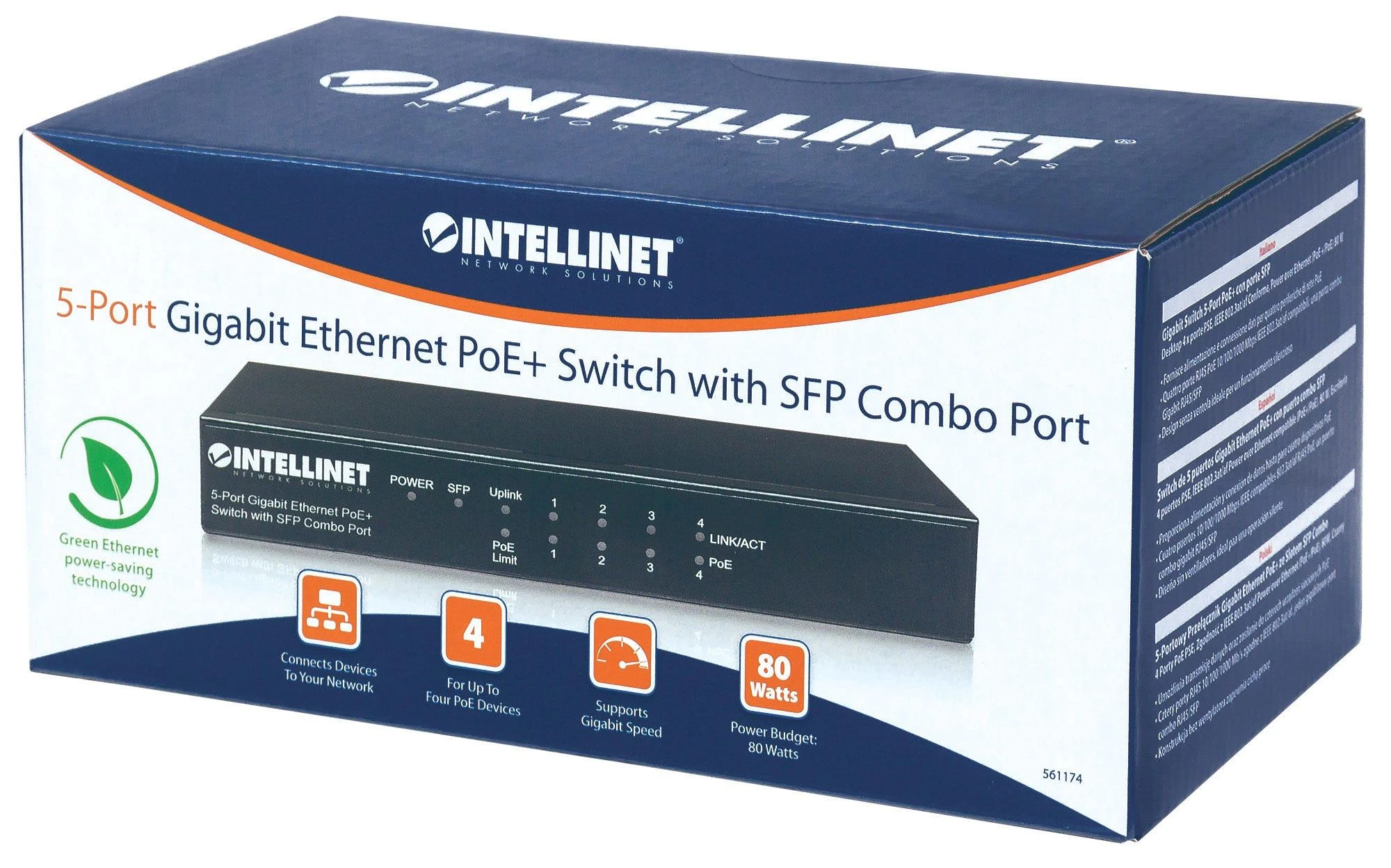 Šakotuvas Intellinet 561174 tinklo komutatorius Gigabit Ethernet (10/100/1000) Juoda Maitinimas per Eternetą (PoE)