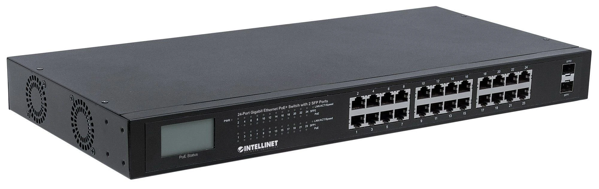Šakotuvas Intellinet 561242 tinklo komutatorius Ne-valdomas Gigabit Ethernet (10/100/1000) Juoda 1U Maitinimas per Eternetą (PoE)