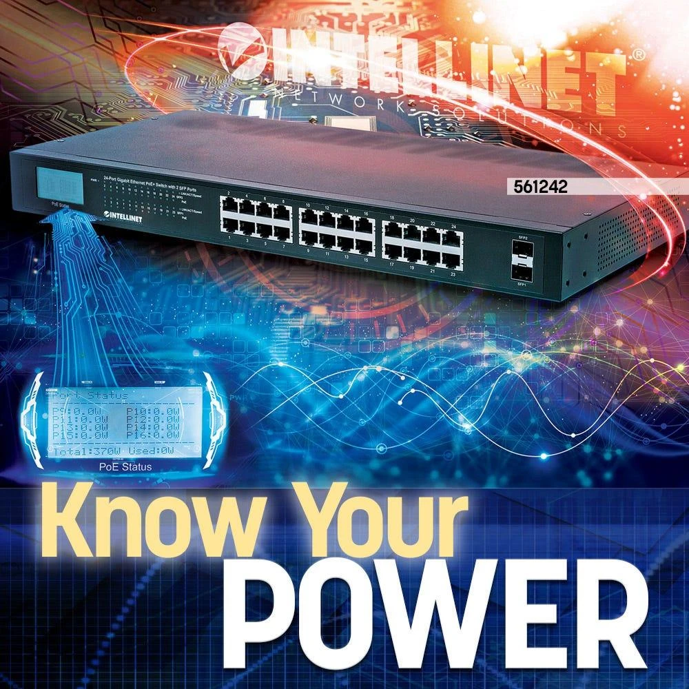 Šakotuvas Intellinet 561242 tinklo komutatorius Ne-valdomas Gigabit Ethernet (10/100/1000) Juoda 1U Maitinimas per Eternetą (PoE)