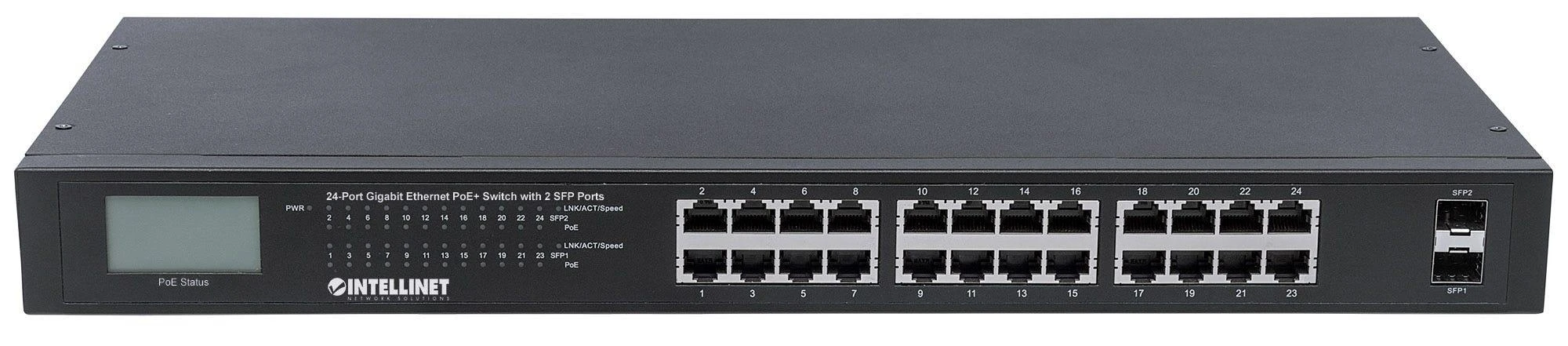Šakotuvas Intellinet 561242 tinklo komutatorius Ne-valdomas Gigabit Ethernet (10/100/1000) Juoda 1U Maitinimas per Eternetą (PoE)