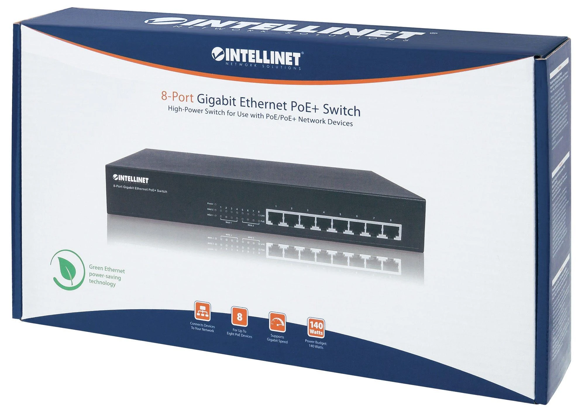 Šakotuvas Intellinet 8-Port PoE+ Desktop Gigabit Switch Gigabit Ethernet (10/100/1000) Juoda Maitinimas per Eternetą (PoE)
