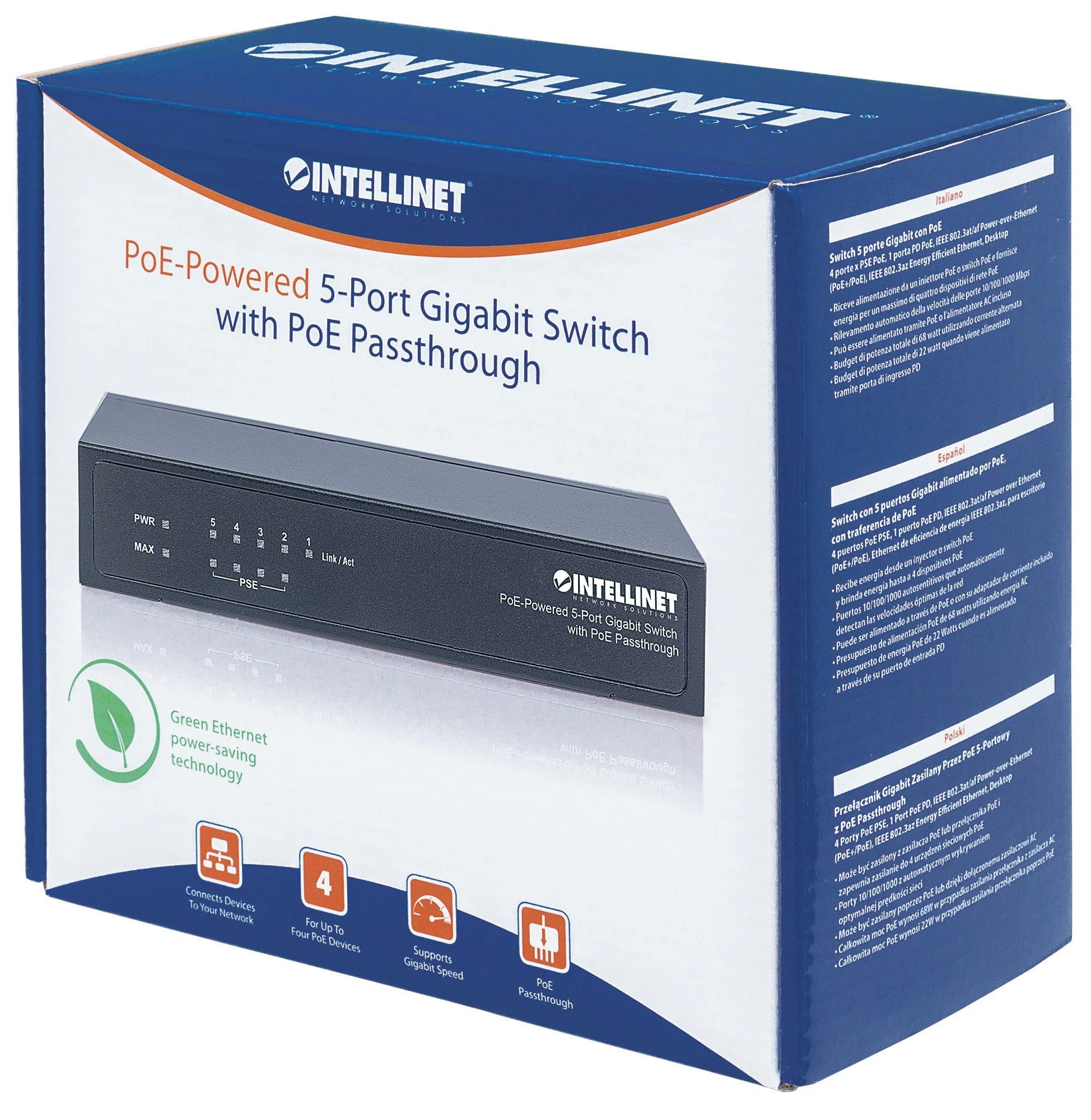 Šakotuvas Intellinet PoE-Powered 5x Gigabit Gigabit Ethernet (10/100/1000) Juoda Maitinimas per Eternetą (PoE)