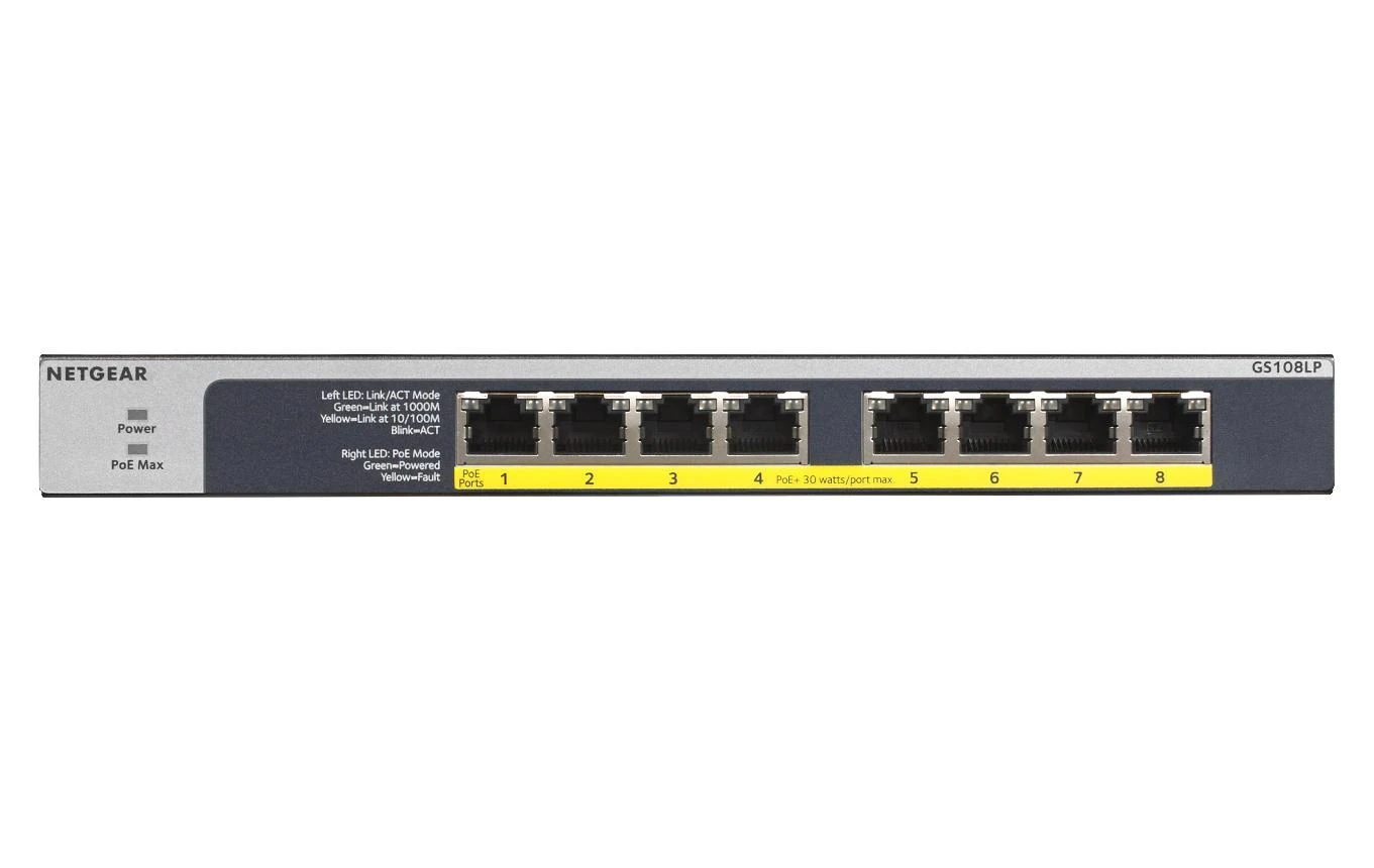Šakotuvas Netgear GS108LP Ne-valdomas Gigabit Ethernet (10/100/1000) Juoda, Pilka 1U Maitinimas per Eternetą (PoE)