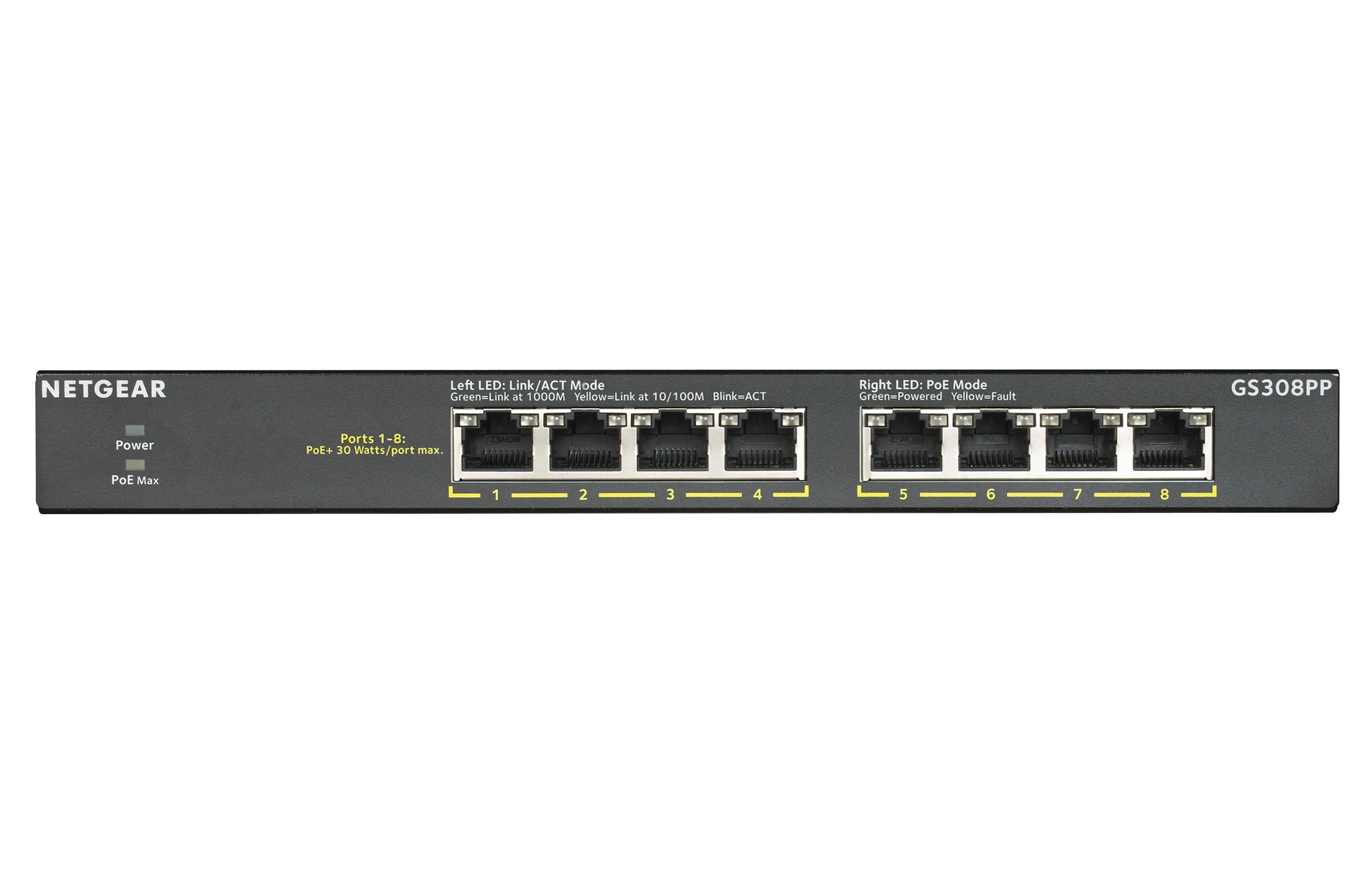 Šakotuvas Netgear GS308PP Ne-valdomas Gigabit Ethernet (10/100/1000) Juoda Maitinimas per Eternetą (PoE)