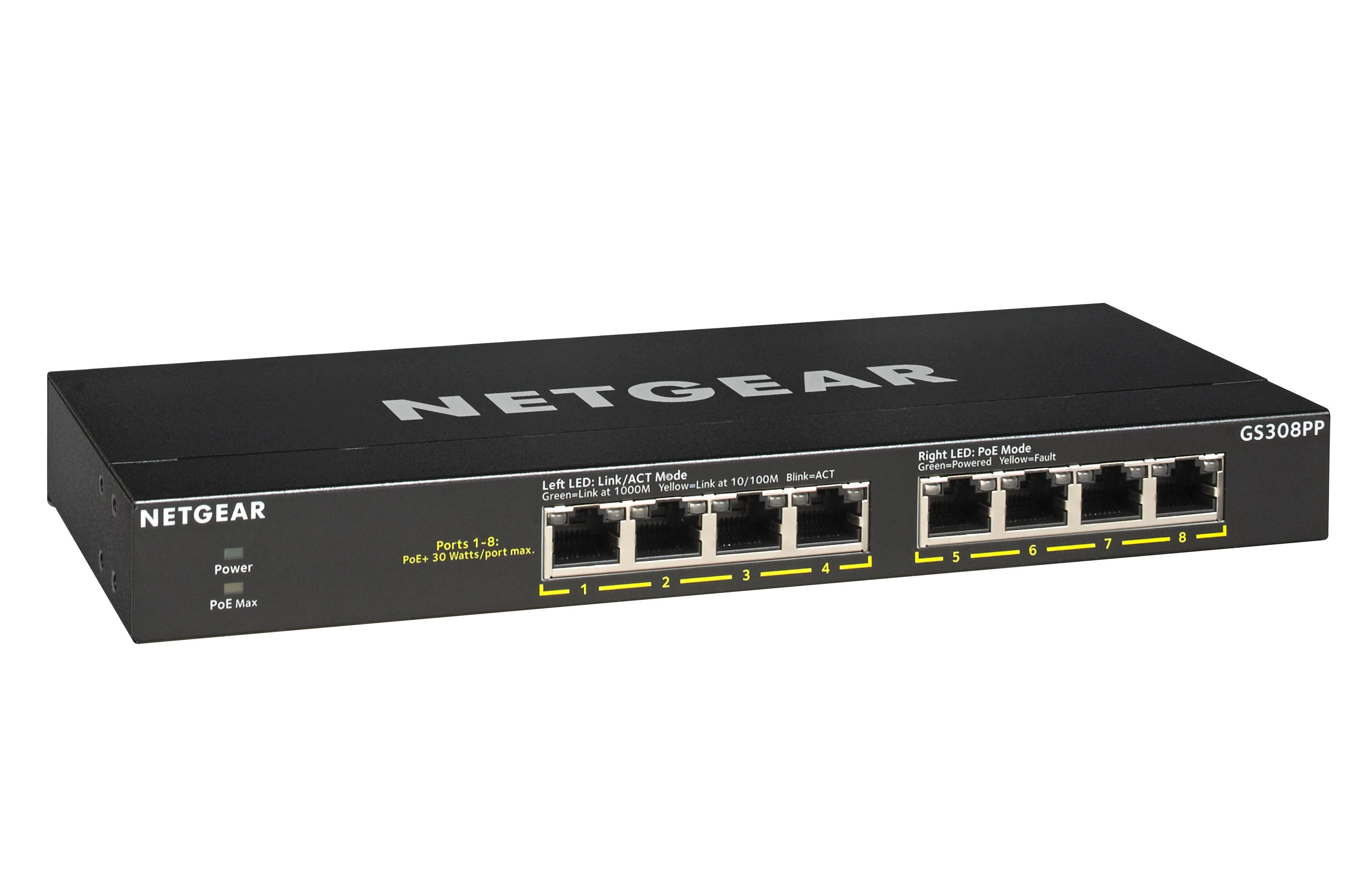 Šakotuvas Netgear GS308PP Ne-valdomas Gigabit Ethernet (10/100/1000) Juoda Maitinimas per Eternetą (PoE)