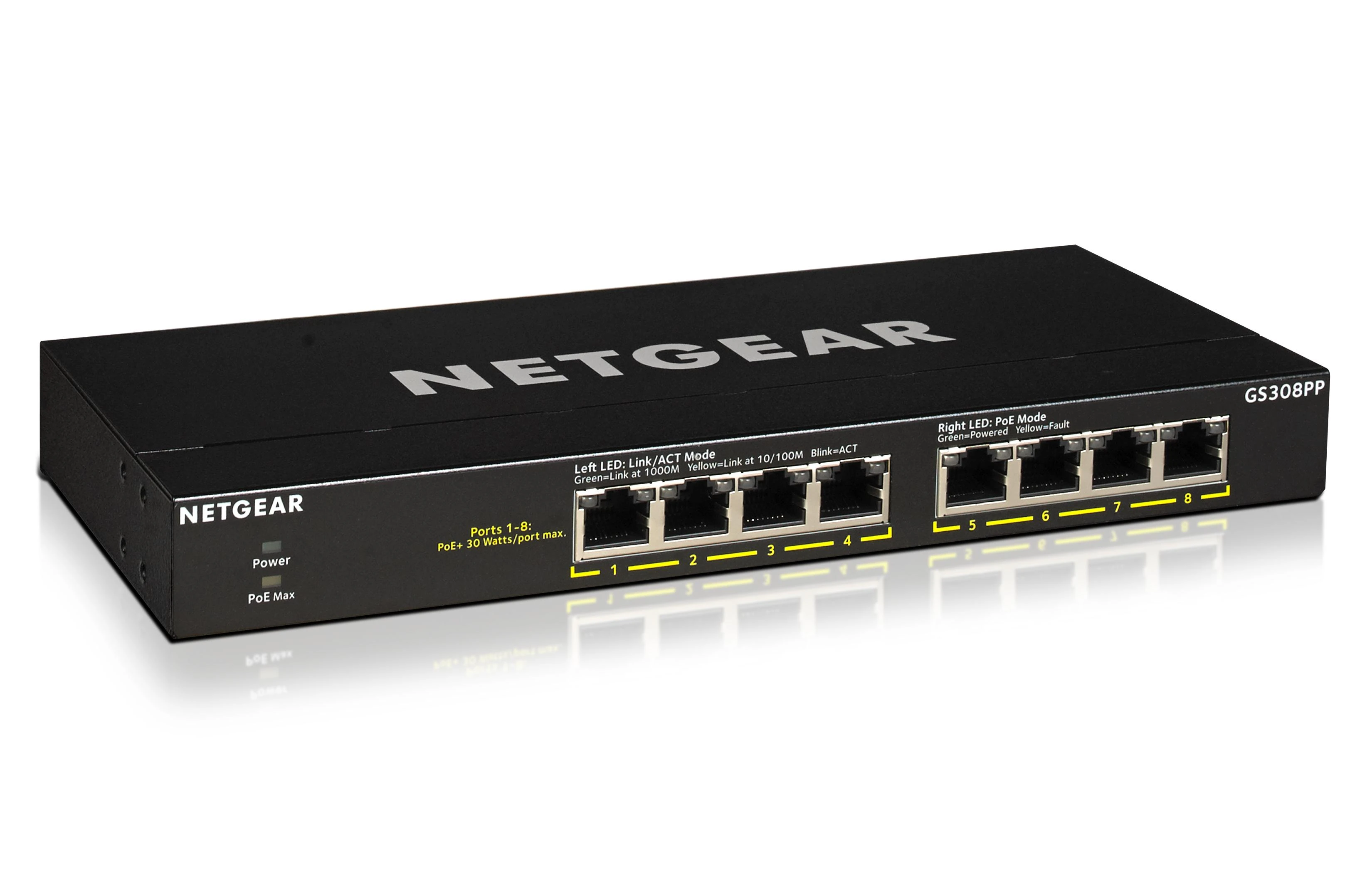 Šakotuvas Netgear GS308PP Ne-valdomas Gigabit Ethernet (10/100/1000) Juoda Maitinimas per Eternetą (PoE)