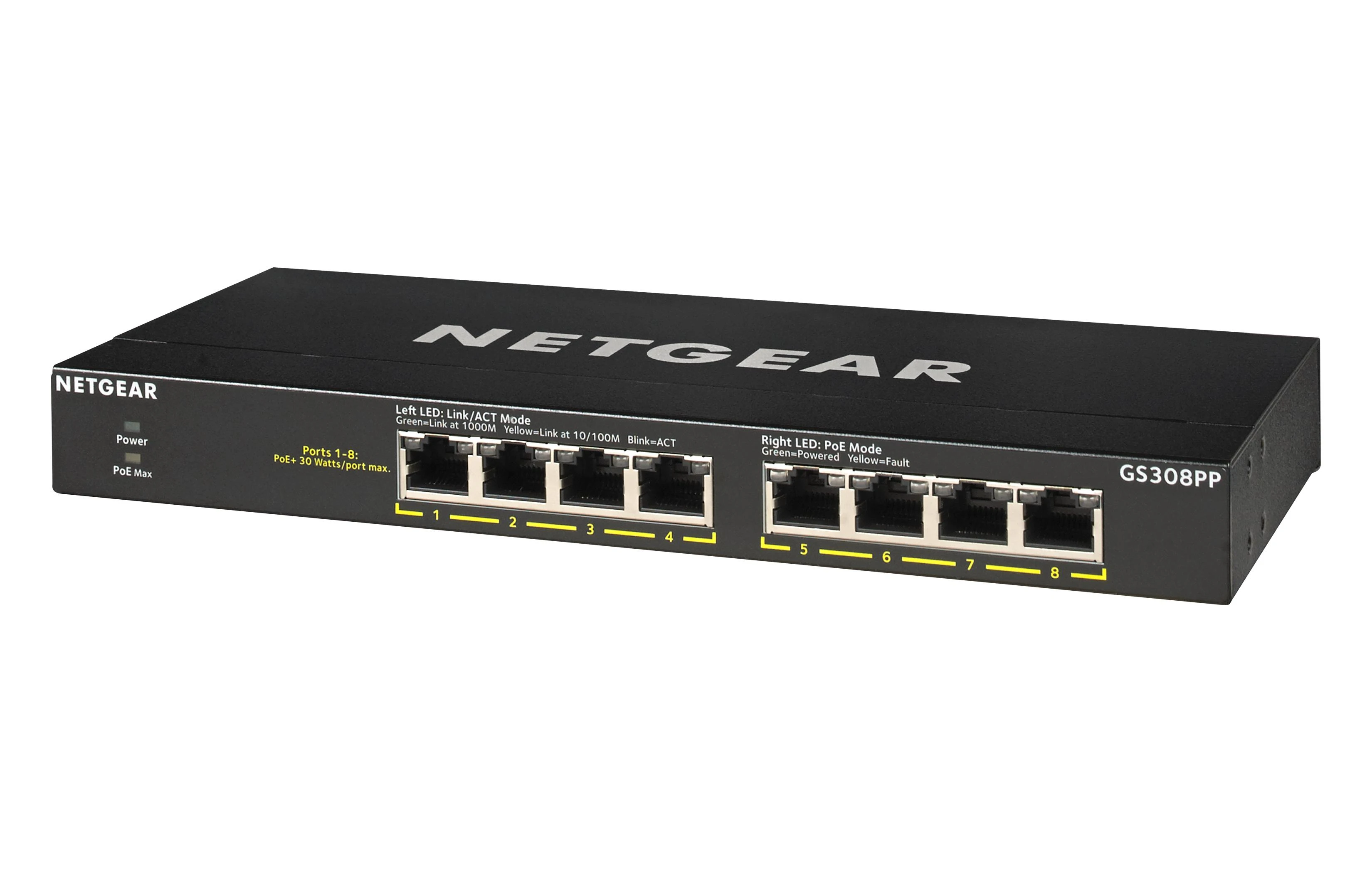Šakotuvas Netgear GS308PP Ne-valdomas Gigabit Ethernet (10/100/1000) Juoda Maitinimas per Eternetą (PoE)