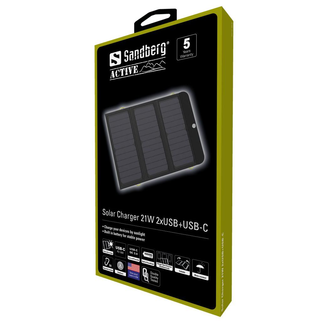 Sandberg saulės įkroviklis 21W 2xUSB+USB-C