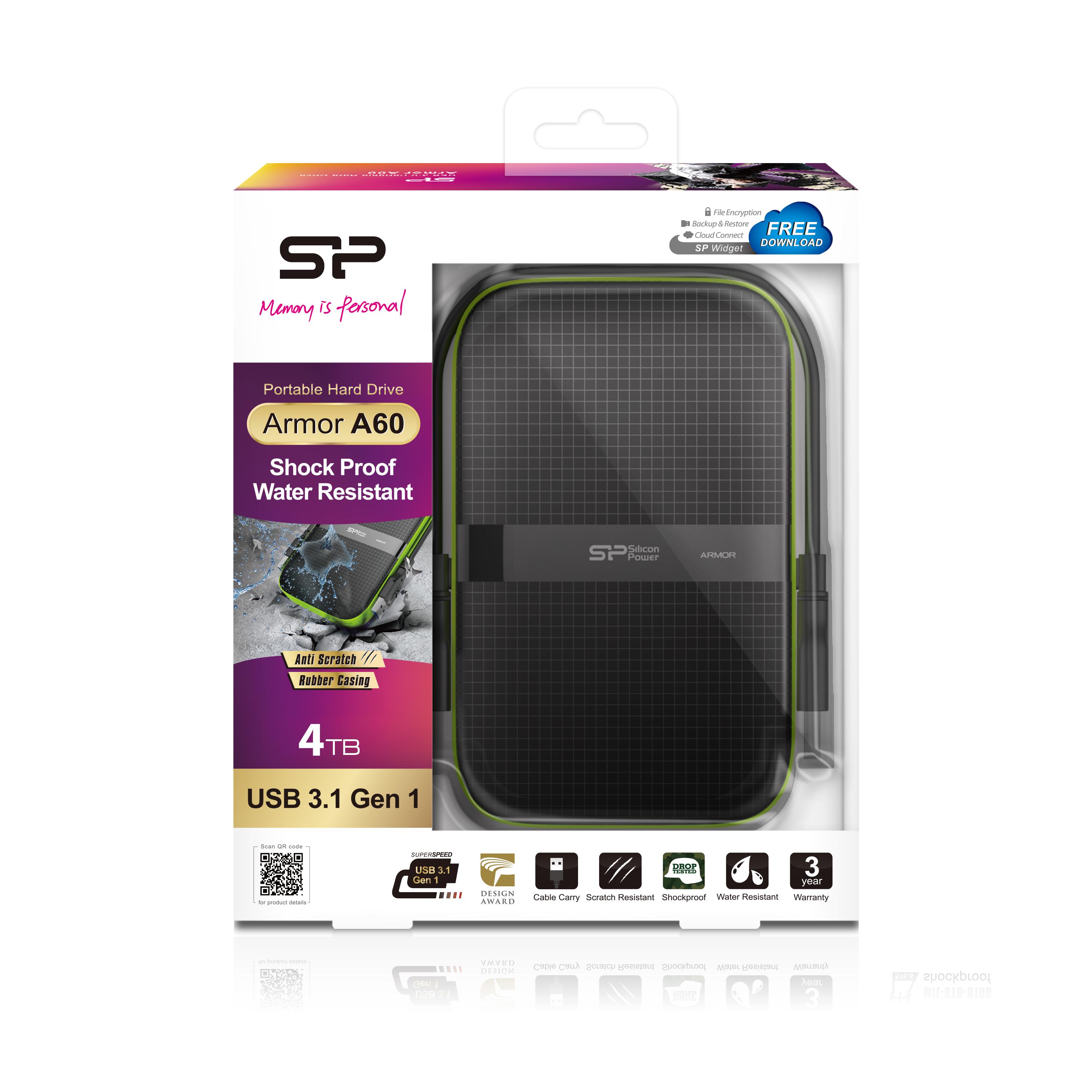 SILICON POWER COMPUTER & COMMUNICAT SILICONPOW SP040TBPHDA60S3K Išorinis kietasis diskas HDD Silicon Power Armor A60 2.5 4TB USB 3.0, IPX4, Juodas