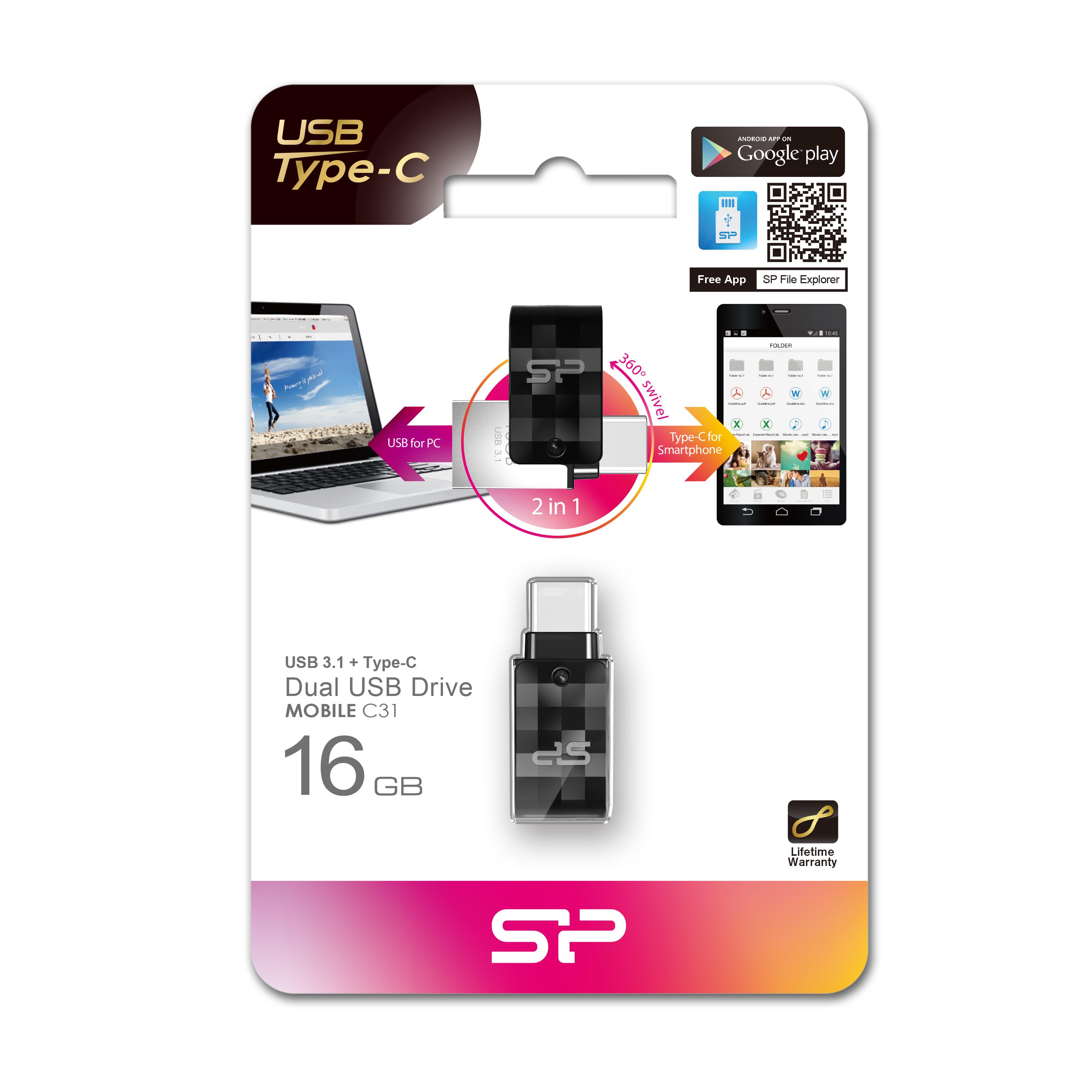 Silicon Power USB 3.2 Flash Drive Mobile C31 16 GB, USB Type-C/USB 3.2 Gen 1, Juodas