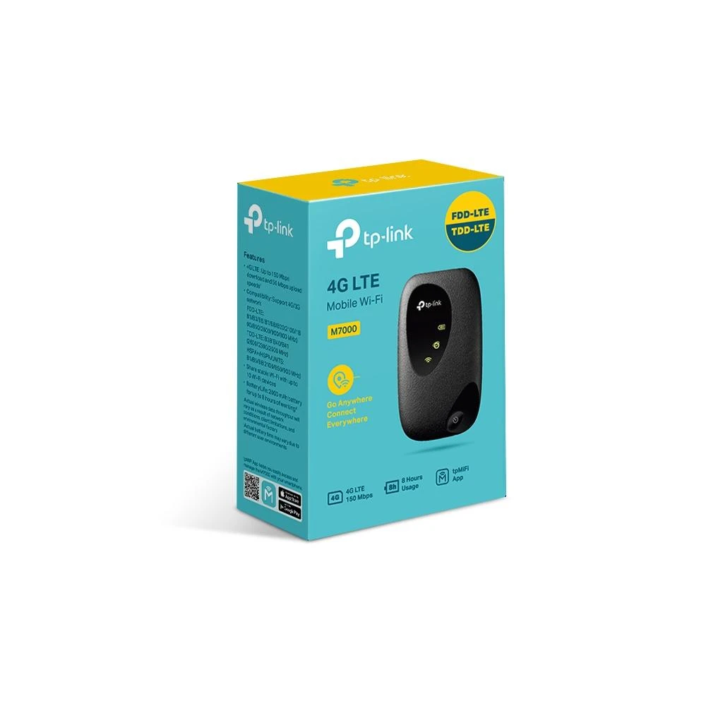 Modemas TP-LINK | 4G LTE mobilusis „Wi-Fi“ | M7000 | 150+50 Mbit/s | Tinklelio atramos Nr. | MU-MiMO Nr. | 3G/4G duomenų bendrinimas | Antenos tipas Vidinis | 1x micro USB