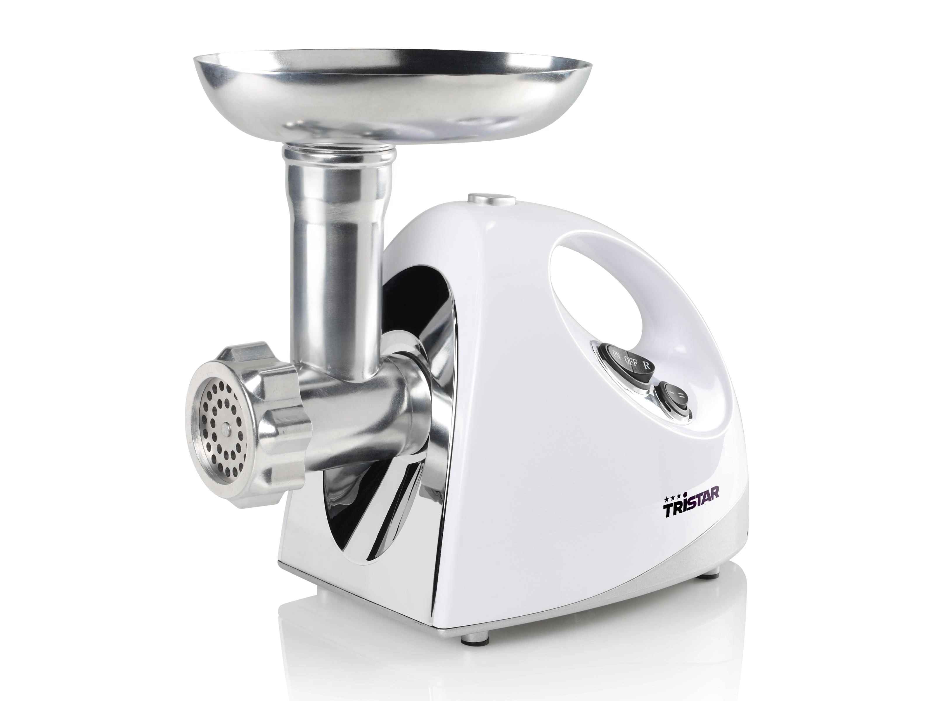 Mėsmalė Tristar | VM-4210 Meat Grinder | Baltas | 3 Nerūdijantis plienas grinding plates, Aluminum grinder head, Aluminum hopper tray, Sausage stuffer, Kubbe attachment, Sausage accessory, Nerūdijantis plienas blade