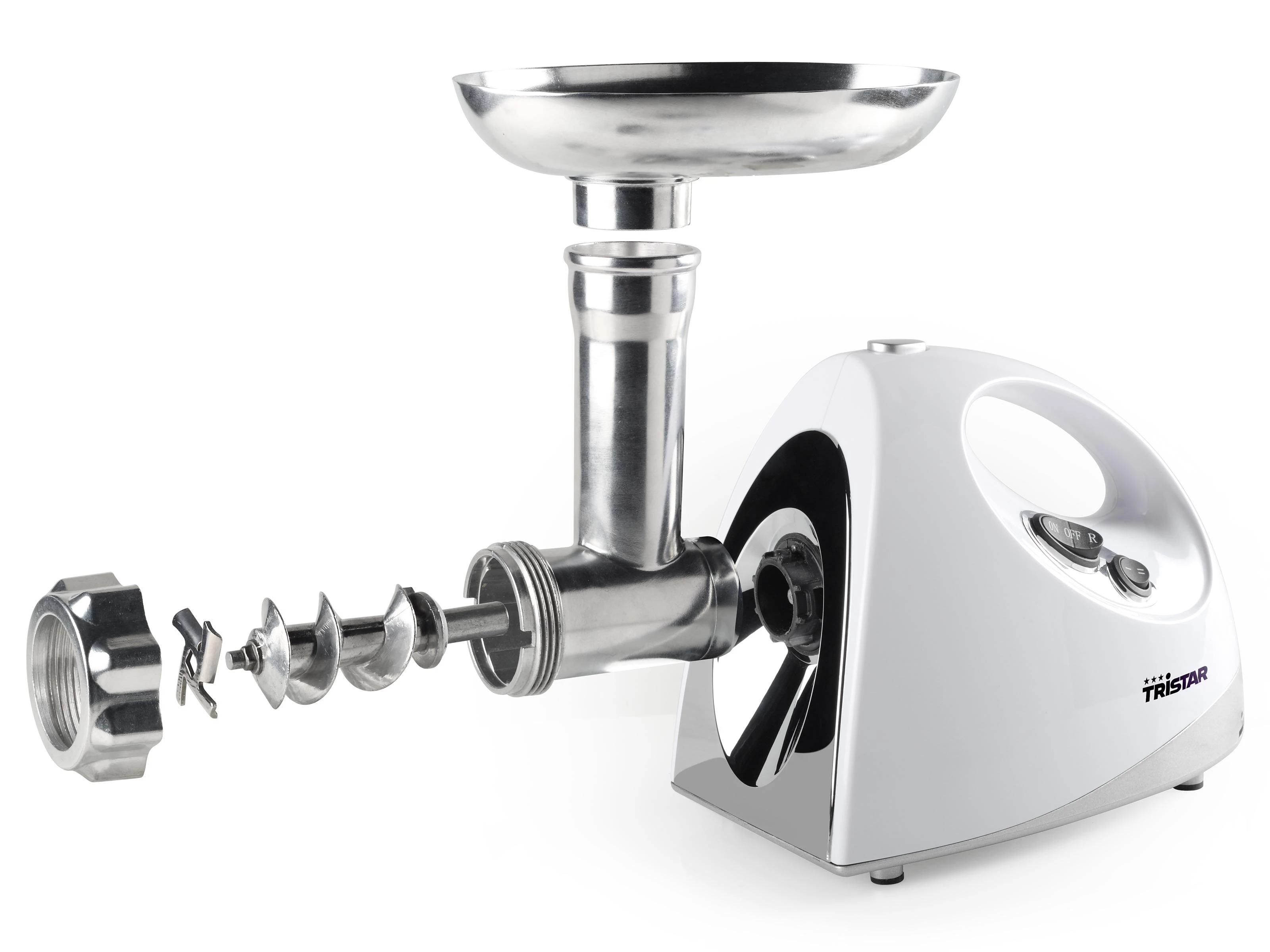 Mėsmalė Tristar | VM-4210 Meat Grinder | Baltas | 3 Nerūdijantis plienas grinding plates, Aluminum grinder head, Aluminum hopper tray, Sausage stuffer, Kubbe attachment, Sausage accessory, Nerūdijantis plienas blade