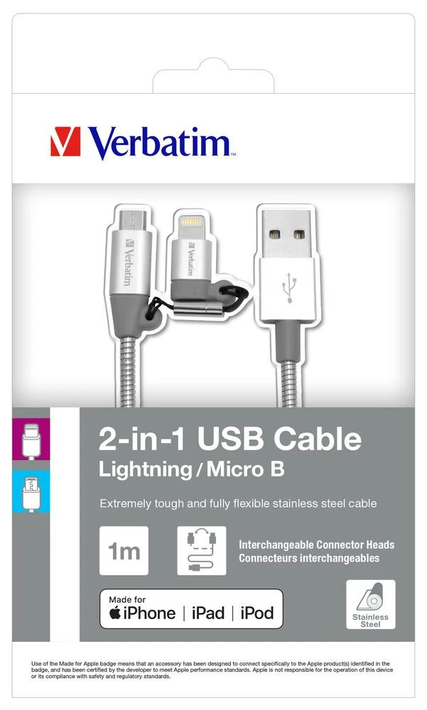 Verbatim 48869 USB kabelis 1 m USB A Micro-USB B/Lightning Aliuminis, Pilka