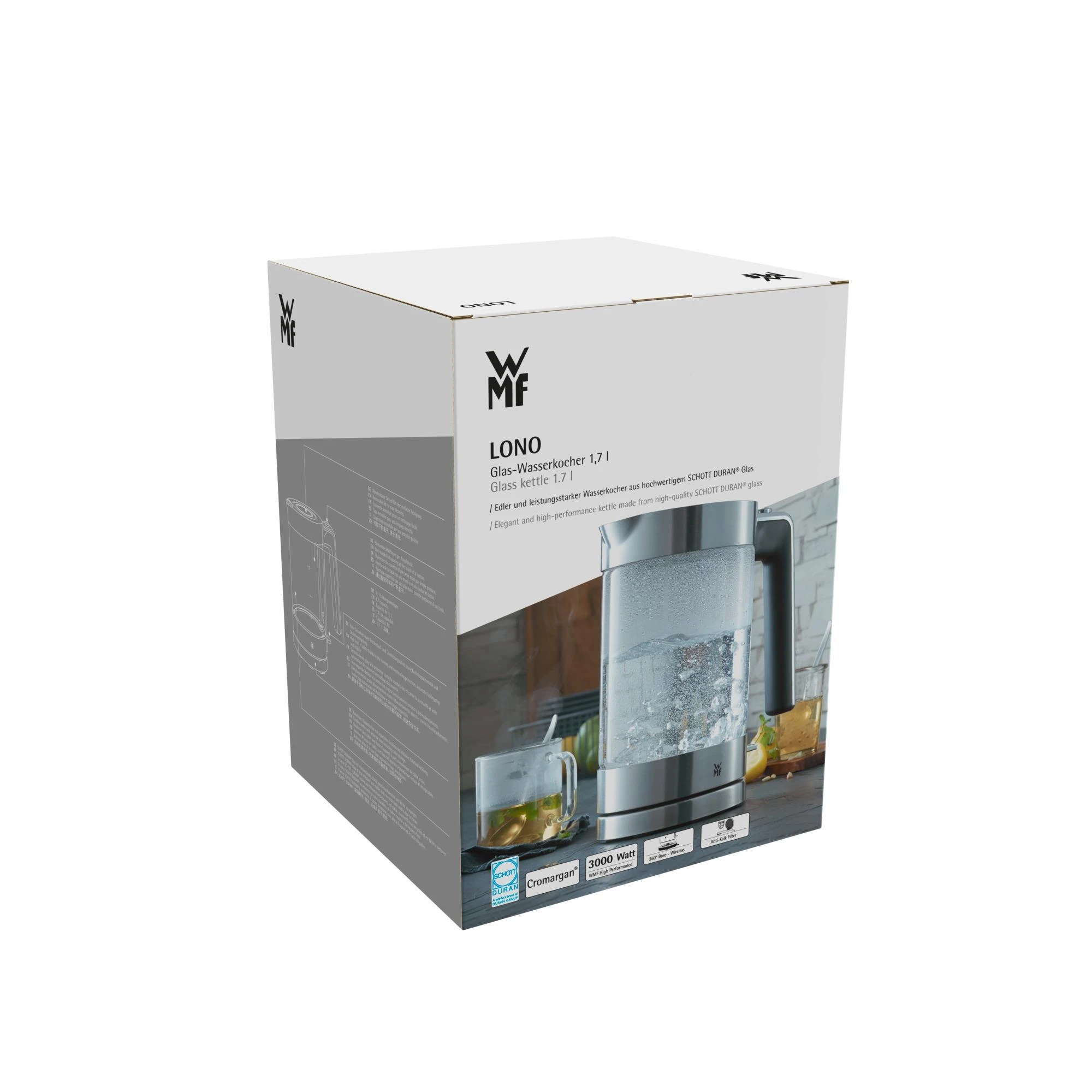 WMF 413150011 LONO Standard virdulys, Glass, Nerūdijantis plienas/Juodas, 3000 W, 360° rotational base, 1.7 L