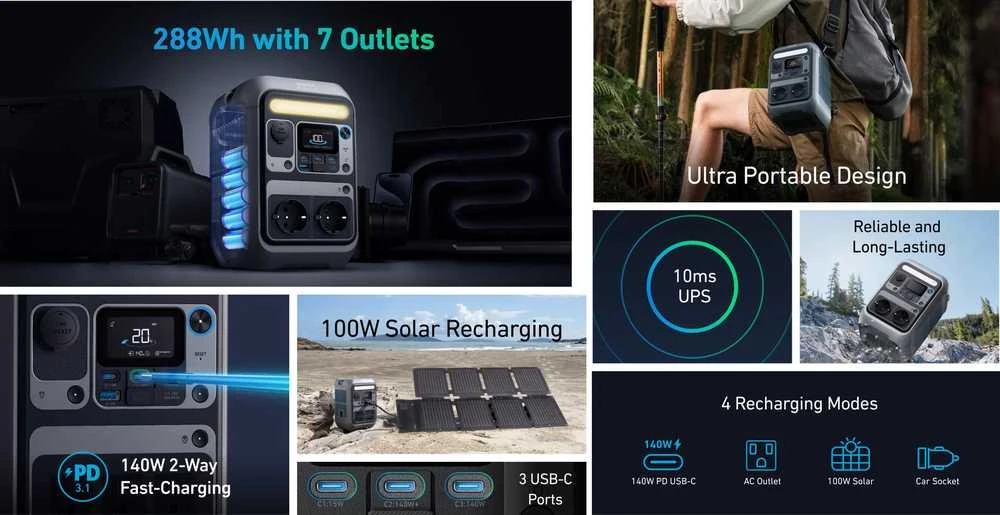 Anker SOLIX C300X nešiojama elektros energijos stotis 288 Wh | 300 W