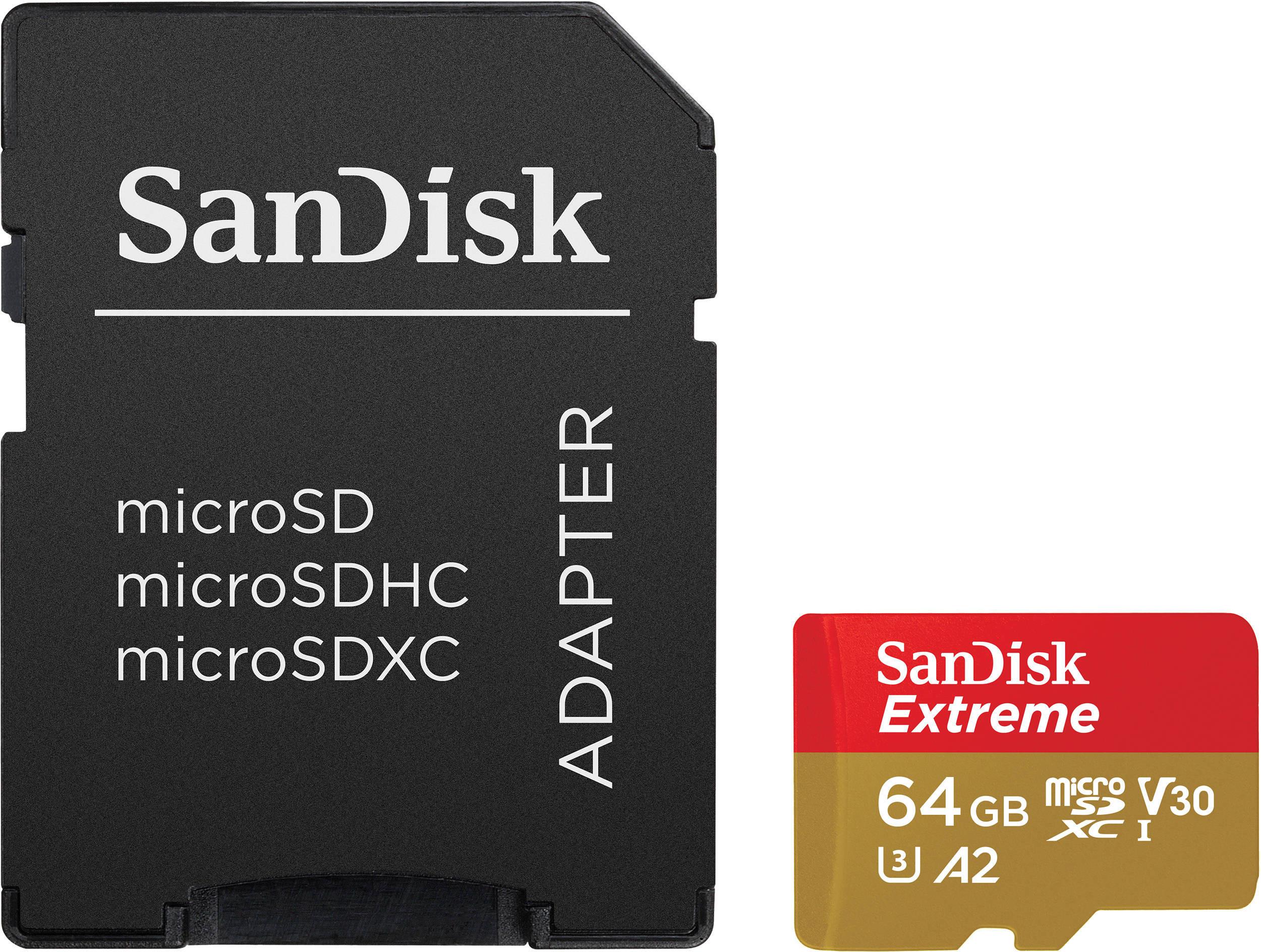 Atminties kortelė SANDISK Extreme Micro SDXC 64 GB veiksmo kameroms ir dronams + SD adapteris 160 MB/s A2 C10 V30 UHS-I U3