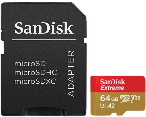 Atminties kortelė SANDISK Extreme Micro SDXC 64 GB veiksmo kameroms ir dronams + SD adapteris 160 MB/s A2 C10 V30 UHS-I U3