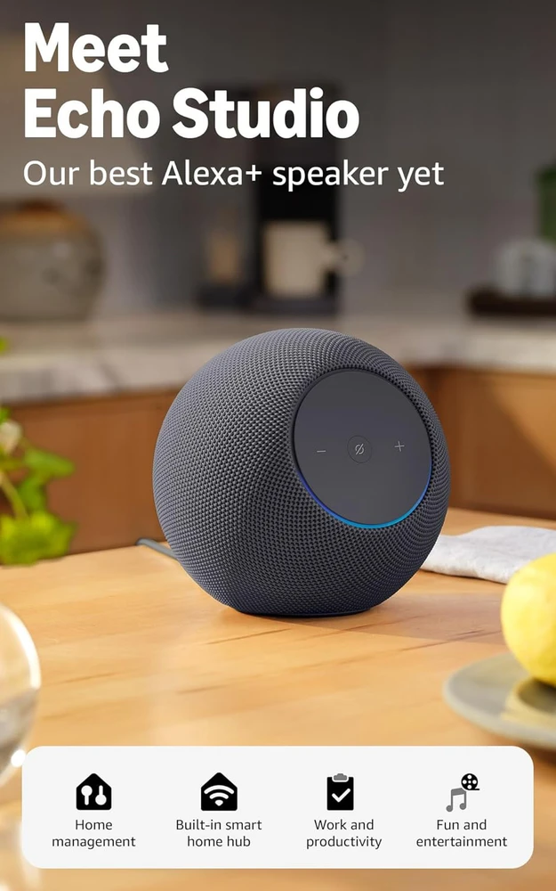 Amazon Echo Studio išmanusis garsiakalbis virtuvės aplinkoje