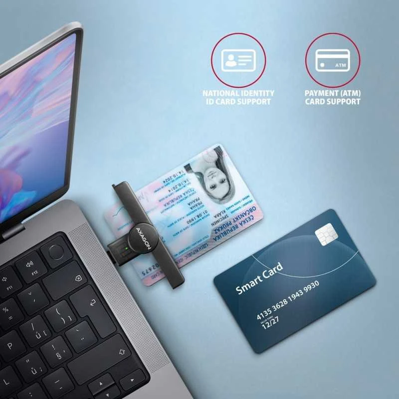„Axagon“ sulankstomas kišeninis USB-C išmaniųjų / ID kortelių skaitytuvas.