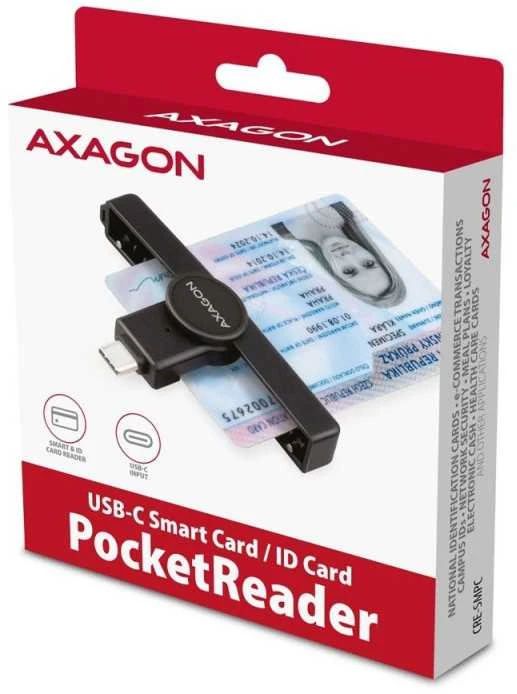 „Axagon“ sulankstomas kišeninis USB-C išmaniųjų / ID kortelių skaitytuvas.
