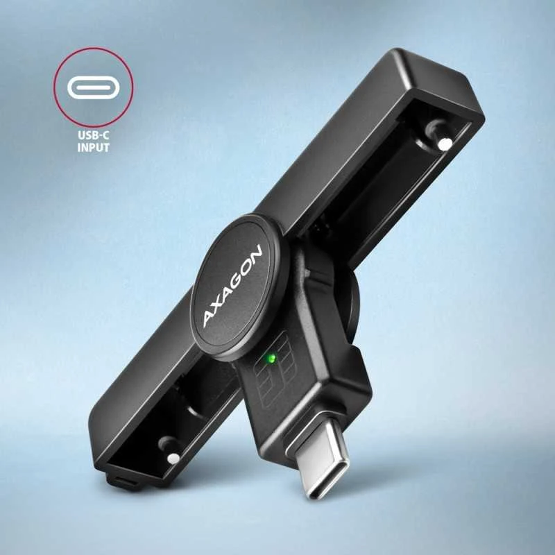„Axagon“ sulankstomas kišeninis USB-C išmaniųjų / ID kortelių skaitytuvas.