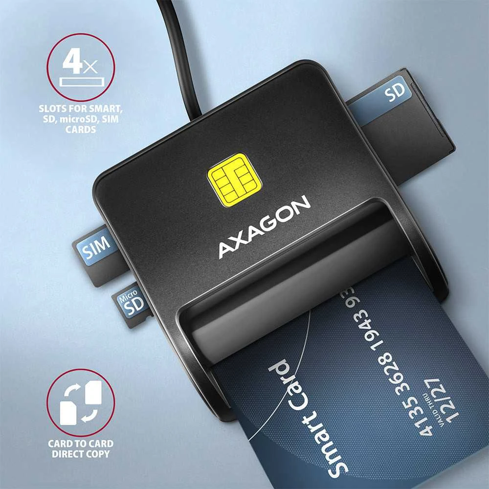 Axagon Compact stalinis USB kontaktas Smart/ID ir SD/Micro SD/SIM kortelių skaitytuvas su ilgu USB-A laidu.